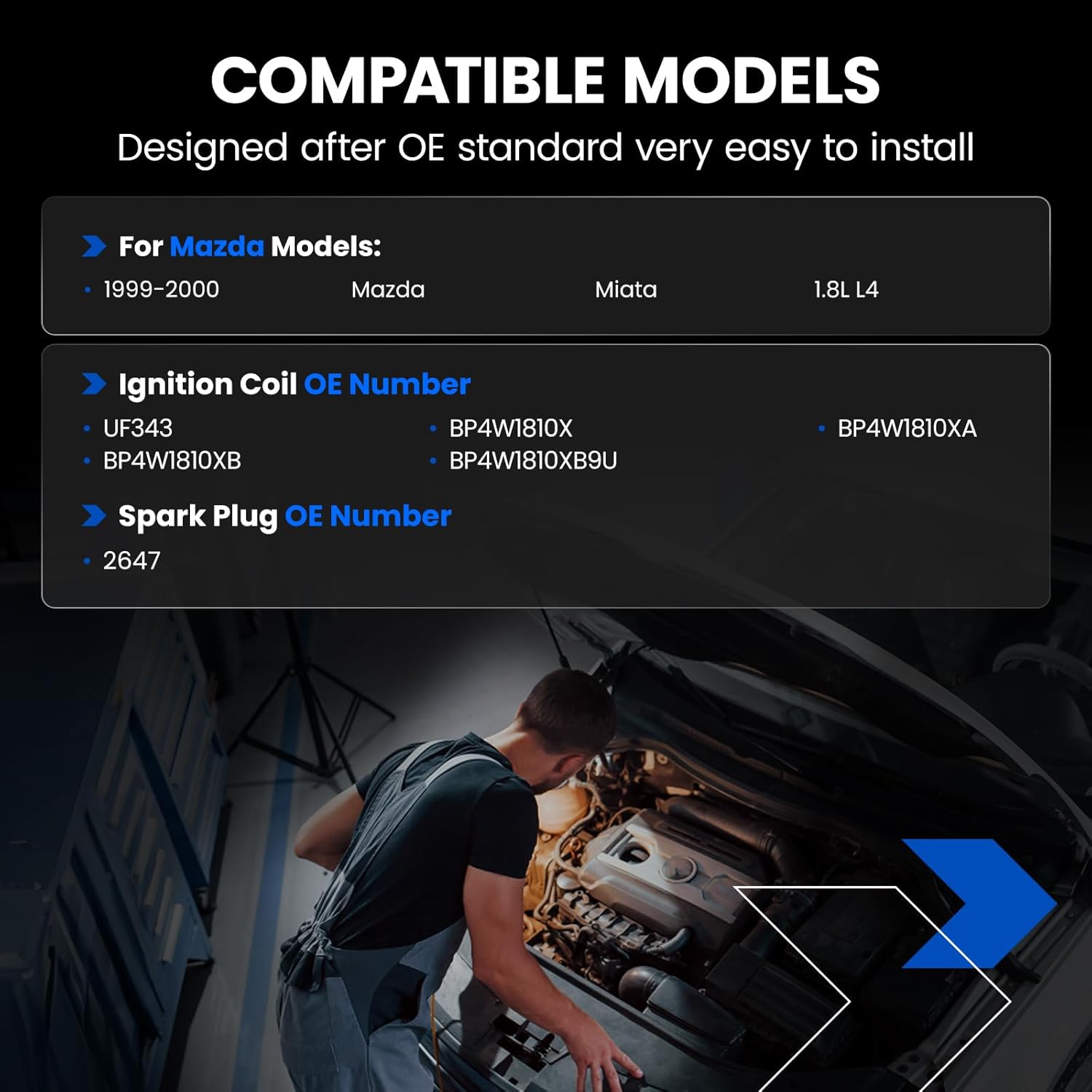 1-Pack UF343 Ignition Coils & 4-Pack 2647 Spark Plugs Kit Compatible with Mazda Miata 1999-2000, 1.8L L4 - Replaces BP4W1810X BP4W1810XA BP4W1810XB & more