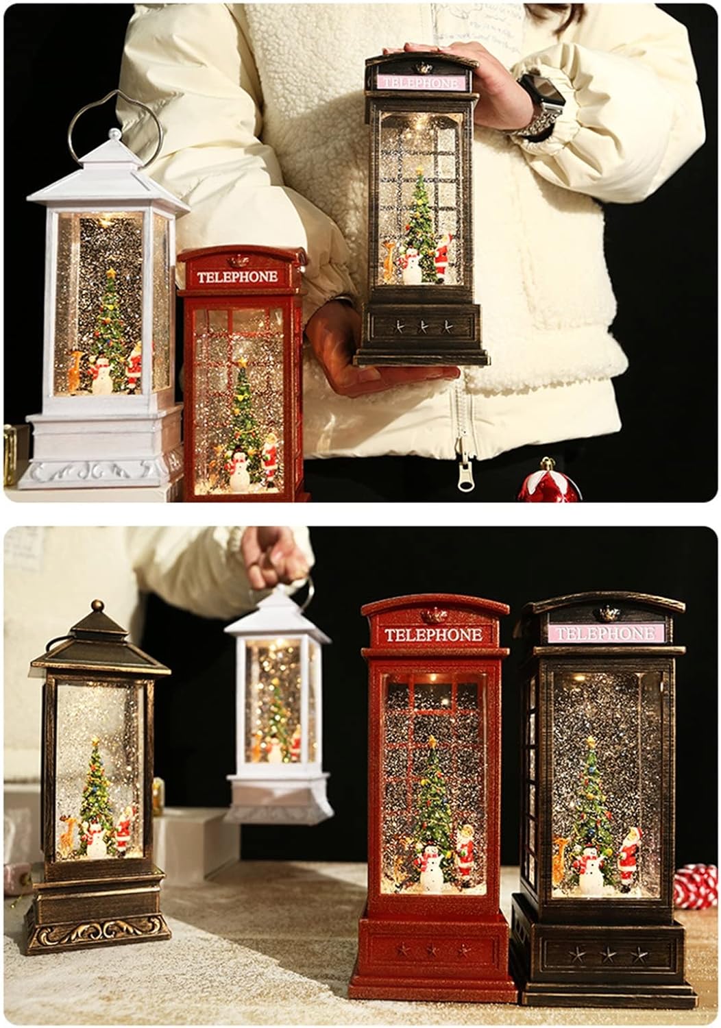 Christmas Snow Globes Lantern with 8 Songs Singing Christmas Lanterns for Kids Snowman Water Globe Lantern for Christmas Decoration D (B)