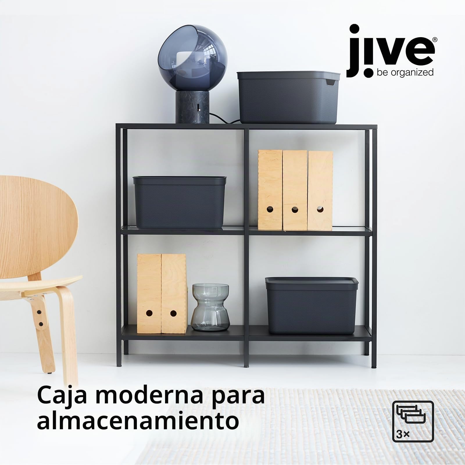 Juego de 3 cajas de almacenamiento Jive Dekobox de 16 l con tapa, plástico (PP reciclado), gris oscuro, 3 x 16 l (36,5 x 27 x 27 cm)