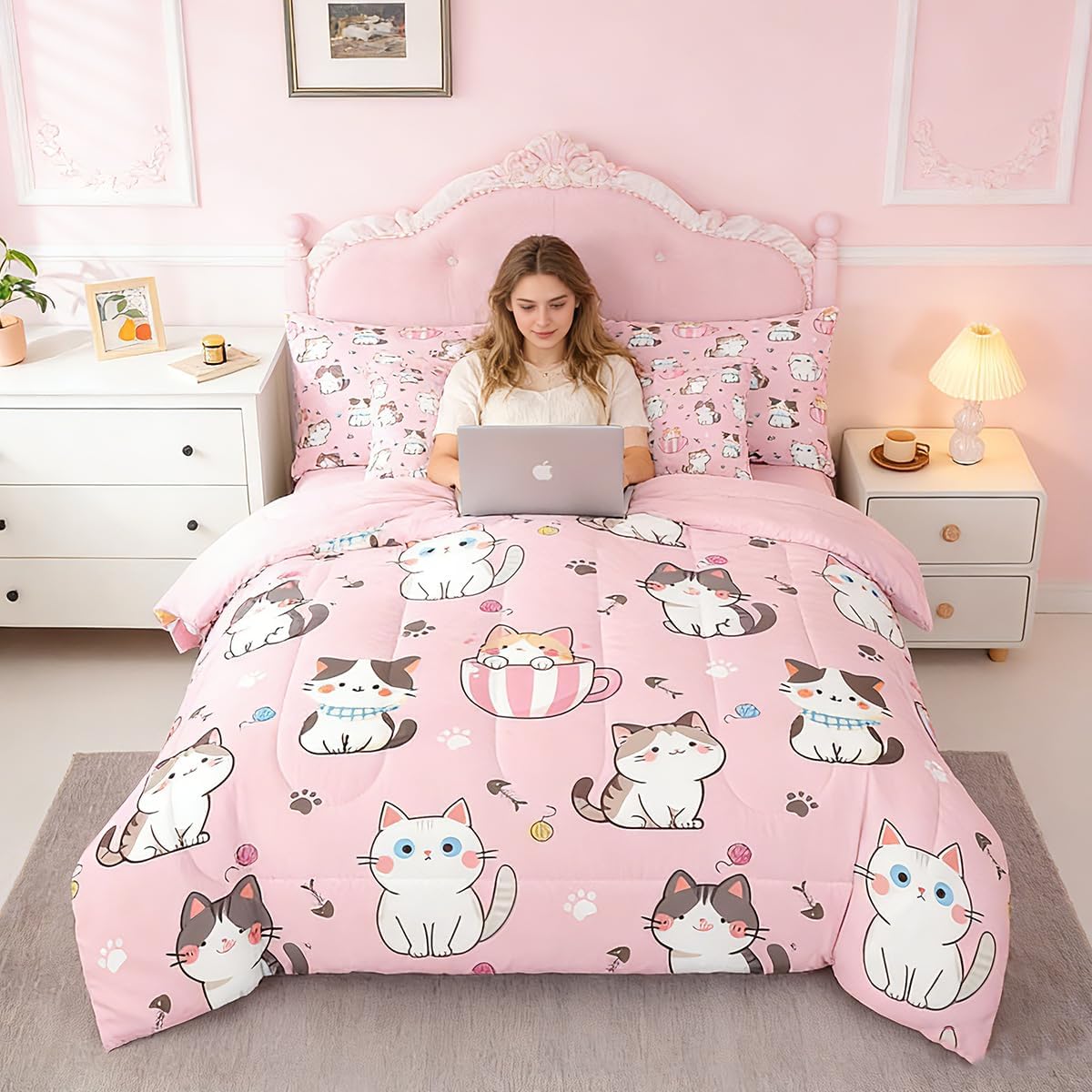 Feelyou Toddler Cat Full Comforter Set with Sheets for Kids Boys Girls Cats Print Bed in a Bag Kawaii Cartoon 7 Pieces Bedding Set Room Decor Cute Kitten Bed Set Pink Animal Themed