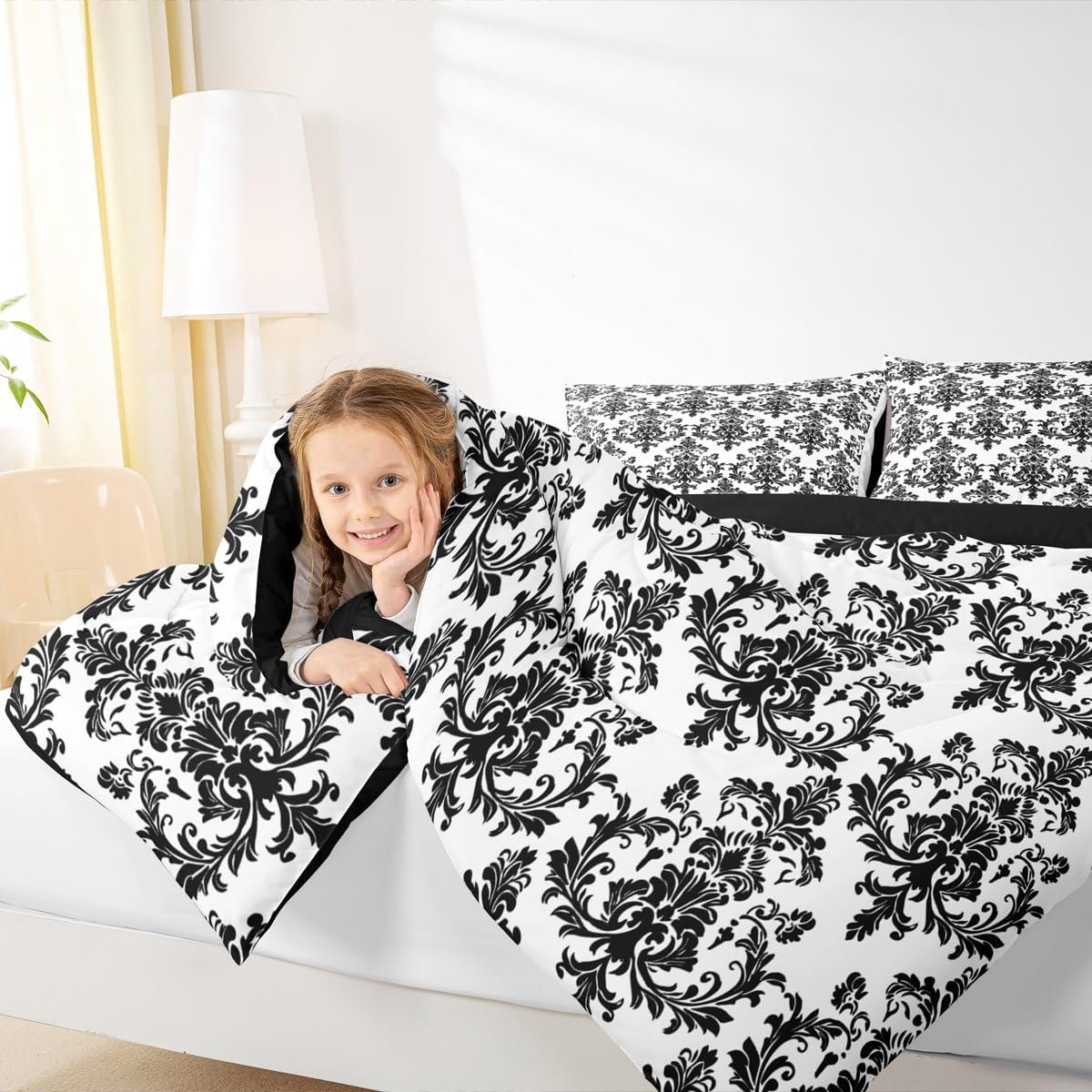 Castle Fairy Vintage Black White Kids Comforter Set King Size,Bohemian Victorian Baroque Floral Reversible Quilted Duvet with 2 Pillowcases Gothic Damask Lace Pattern Comforter for Boys Teens Bedroom