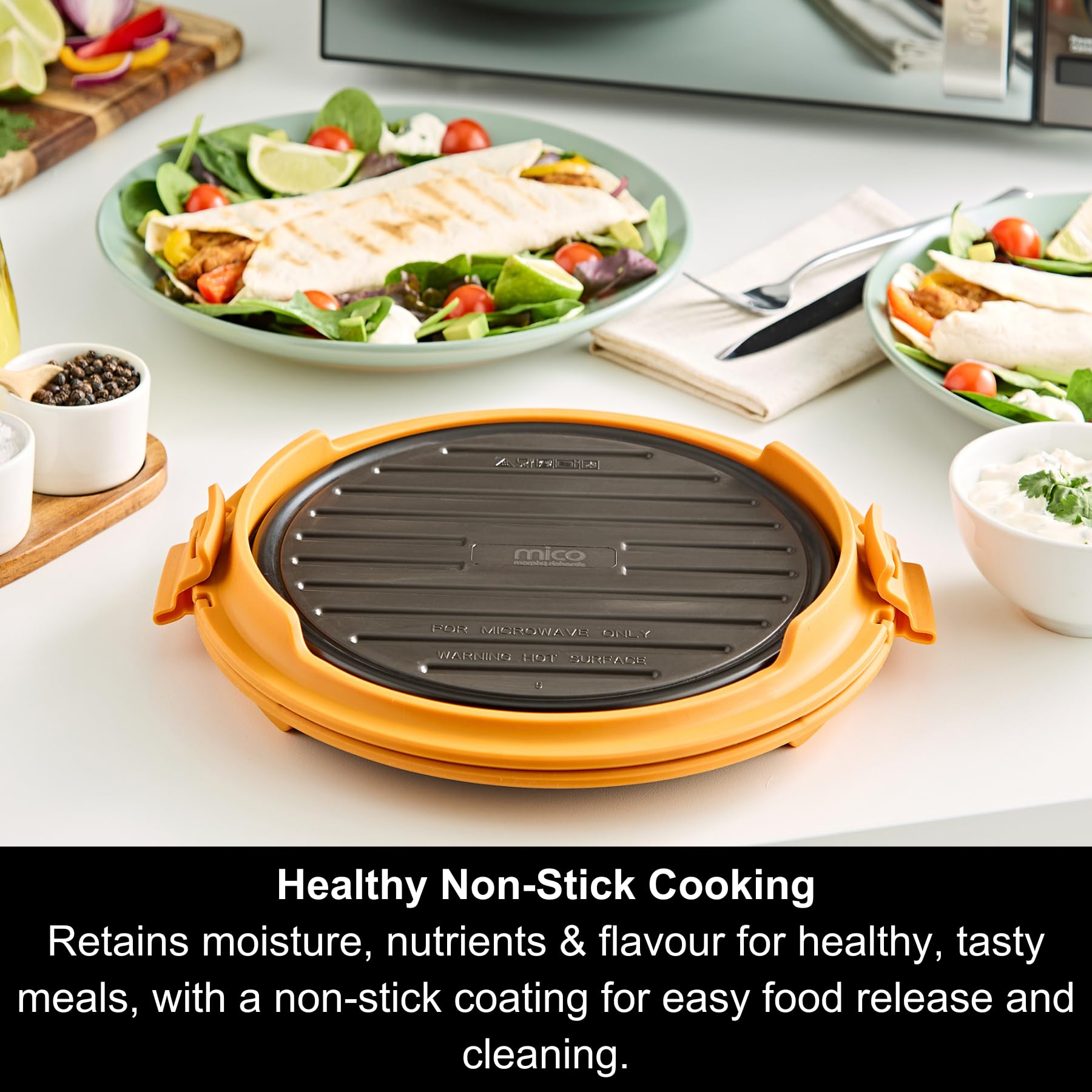 Morphy Richards MICO 511651 runder Grill, schnelles & einfaches Mikrowellen-Kochen, kompaktes Design, fortschrittliche Heatwave-Technologie, Antihaftbeschichtung, gesunde Ernährung, Fajitas, Burger