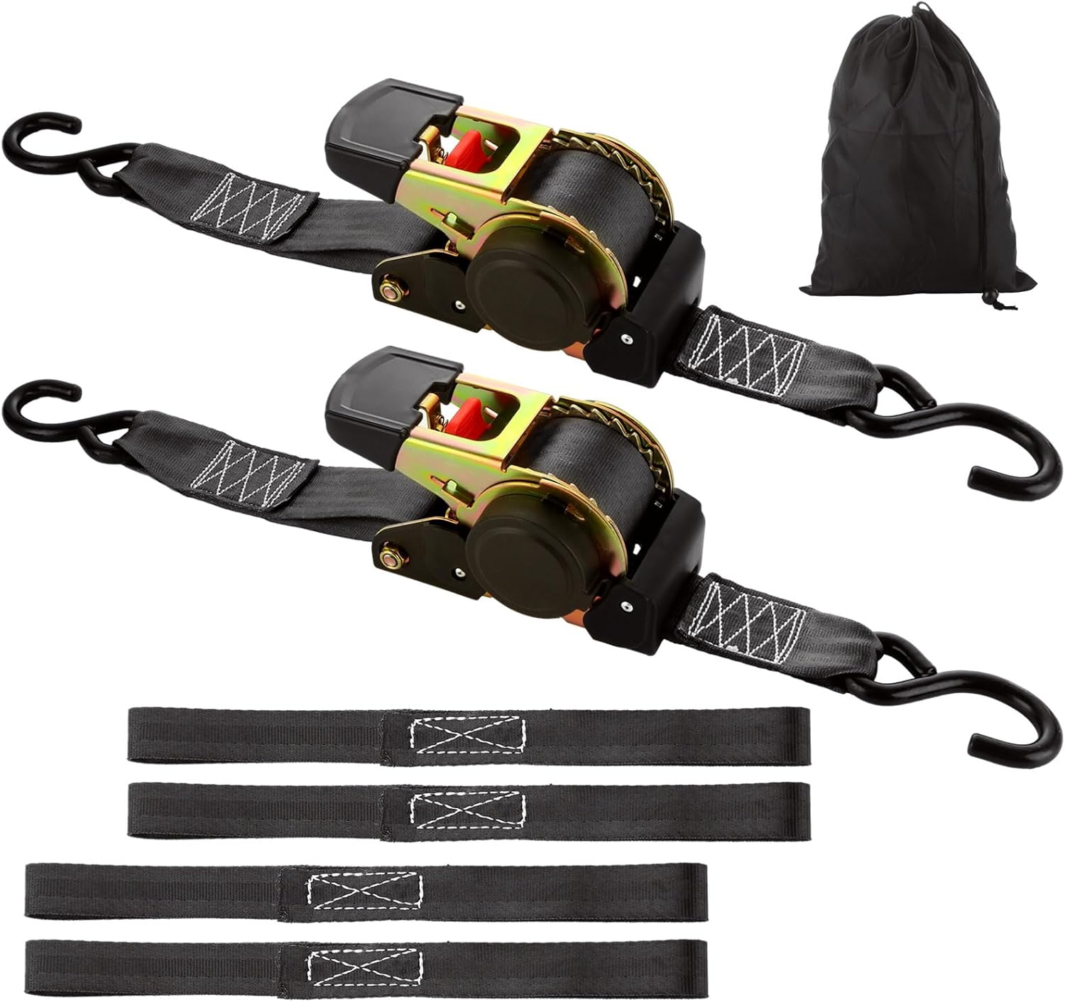 2 Pack 2 Inch Retractable Ratchet Straps Heavy Duty 15ft Self Retracting Tie Down Straps with Storage Bag, 3,300lb Break Strength Automatic Ratchet Straps for Trailer, ATVs, Boats