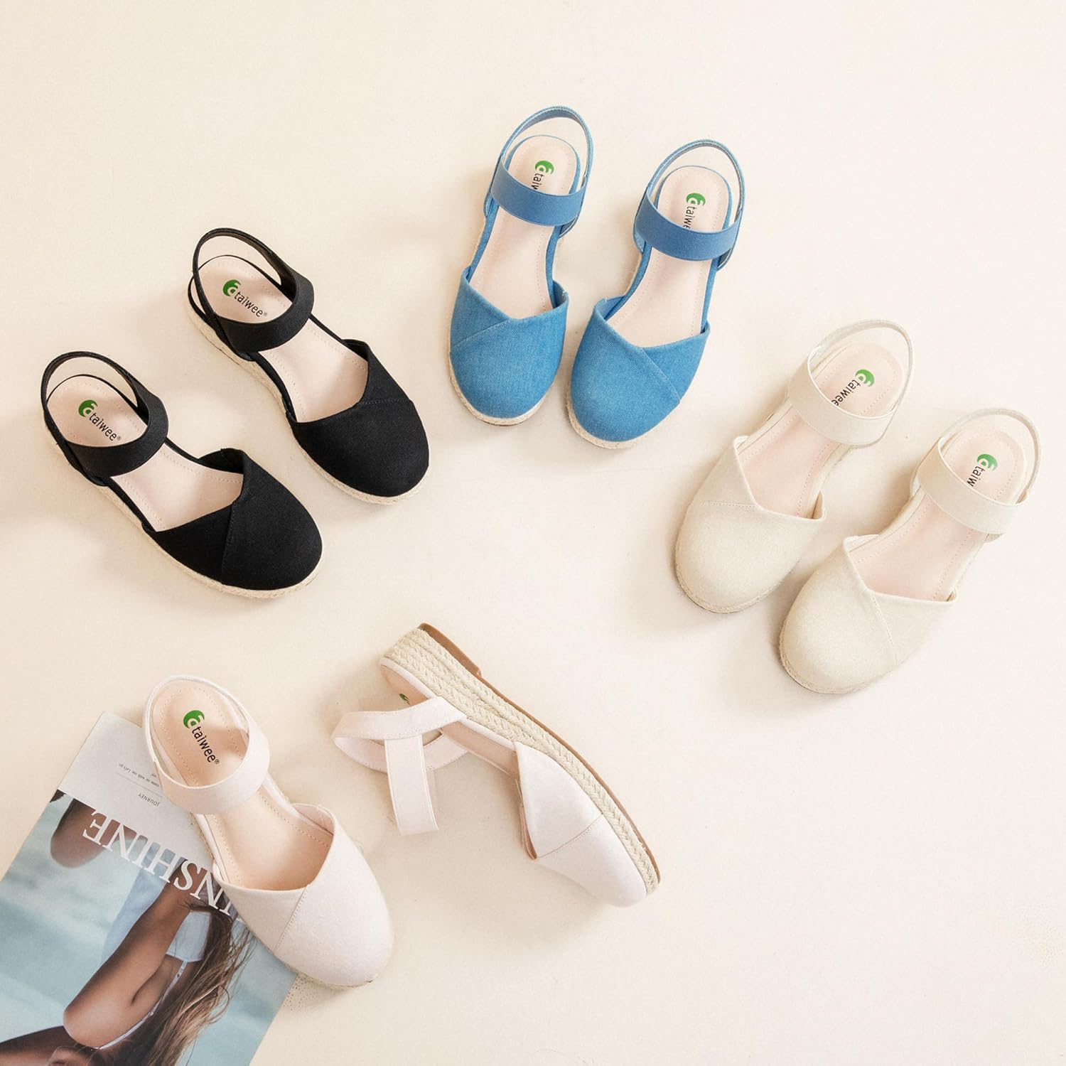 Ataiwee Women's Platform Wedge Heel Espadrille Sandals - Adjustable Elastic Ankle Strap, Slip-On lightweight Rubber Sole, Comfortable Insole, Close-Toe Casual Summer Sandals. - Image 6