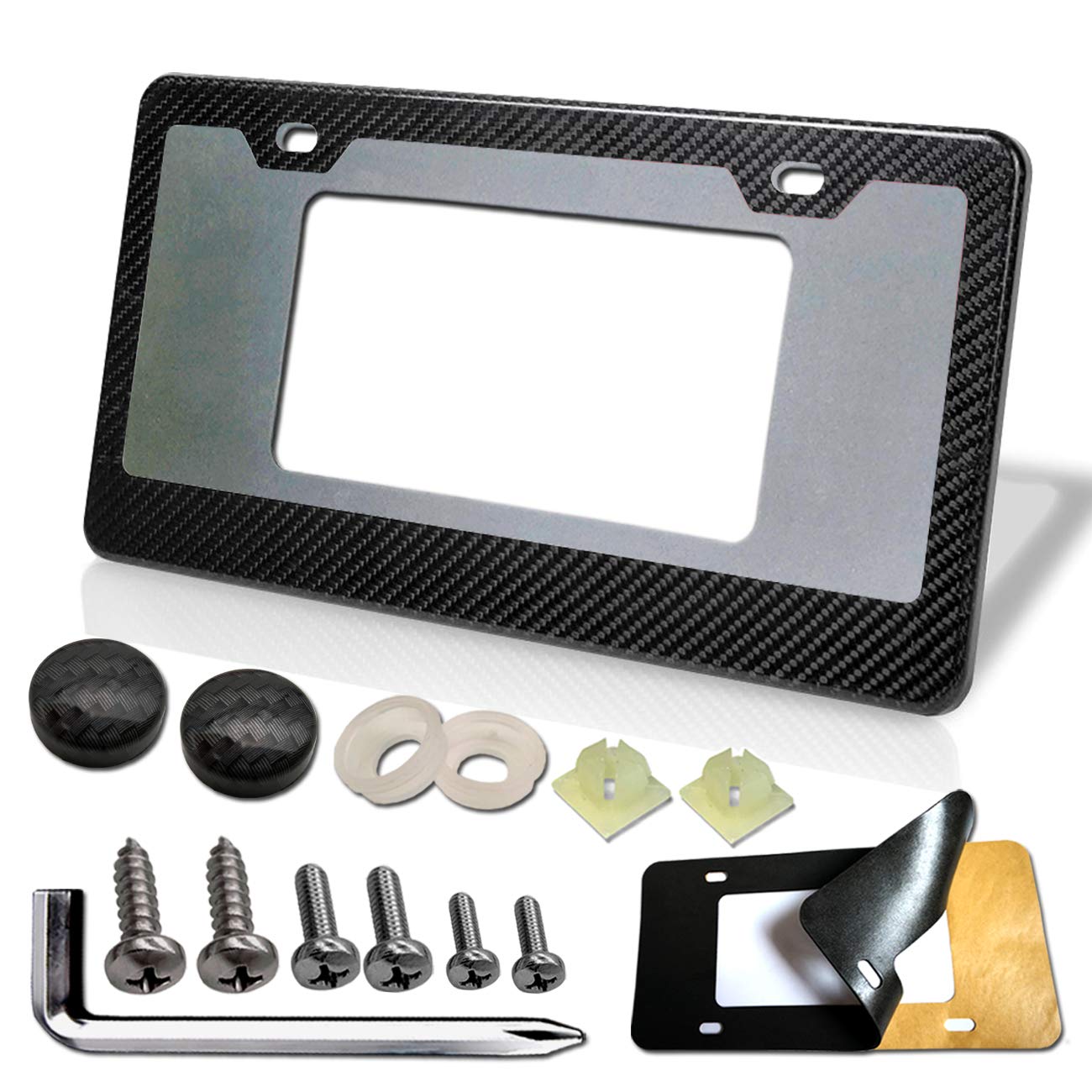 AOOTFReal Carbon Fiber License Plate Frame-1 Pc 2 Hole Black Gloss Car Tag Aluminum Frame and Stainless Steel License Plate Frame Screws with Carbon Fiber Pattern Screw Caps, Anti-Rattle Foam Pad