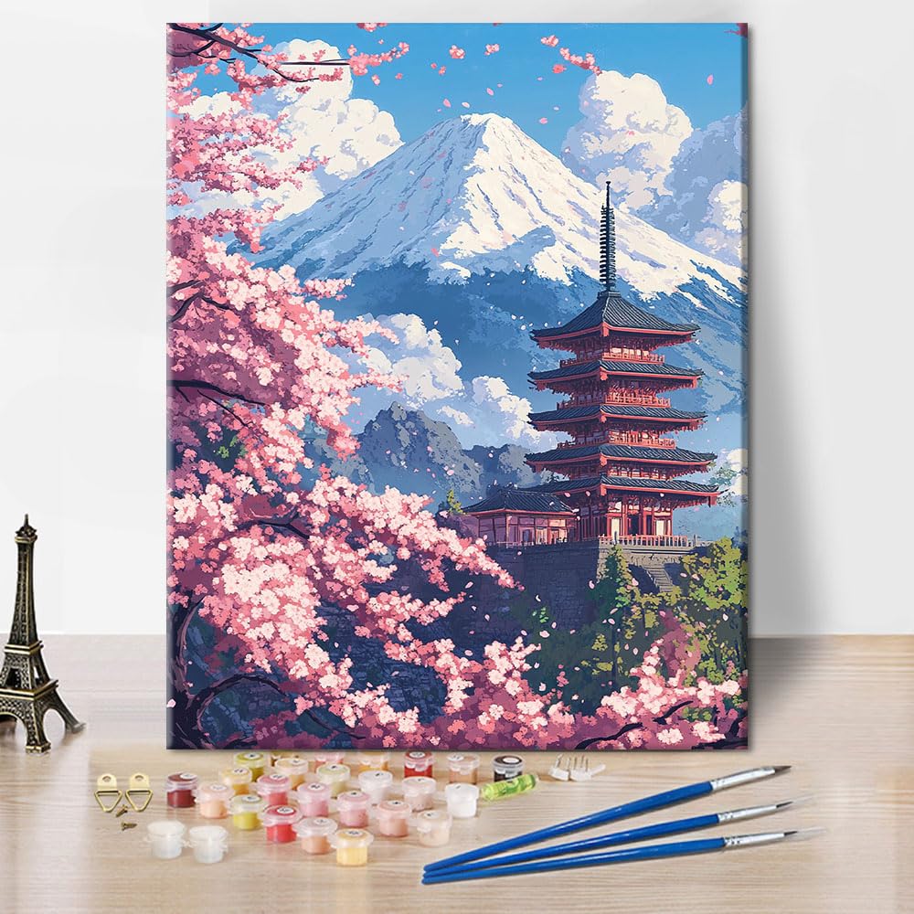 TISHIRON Snow Capped Mountain Painting by Number Beginner Cherry Blossoms Painting by Number Kits with Brushes and Acrylic Paints Canvas Pagoda Paint by Numbers for Adults 16x20 Inch Without Frame