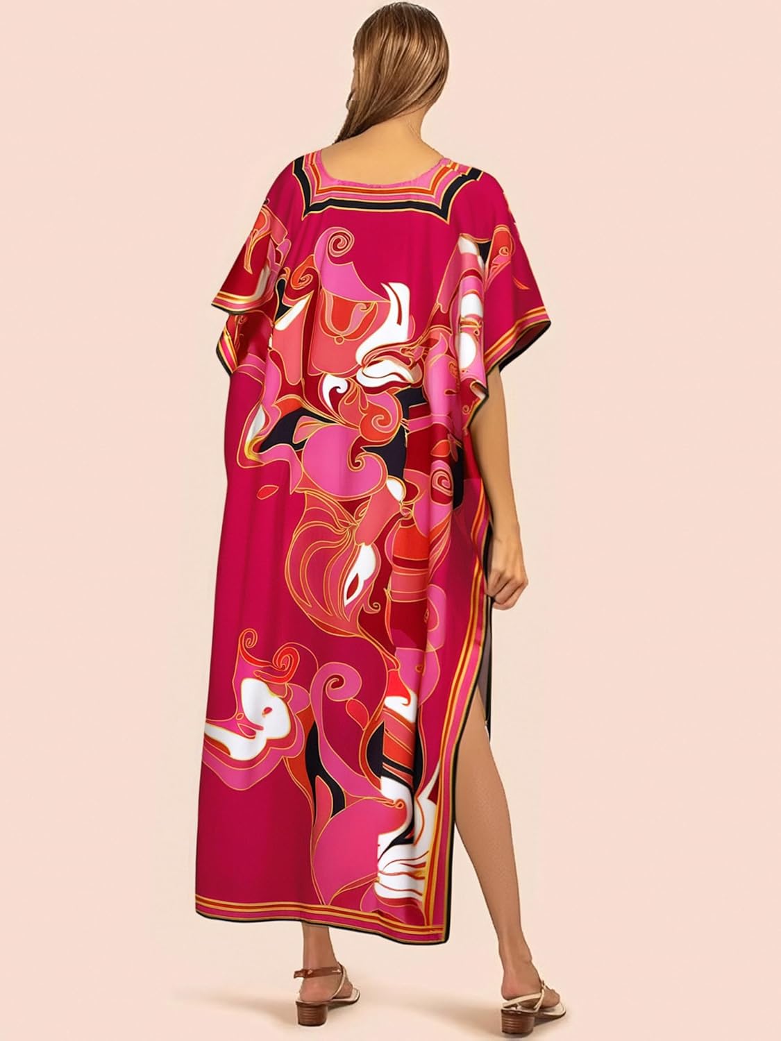 Cashew Flower Silk Caftan Women Vneck beach Cover up Caftans Loose Plus Size Floral Print Side Split Kaftan Dresses - Image 2