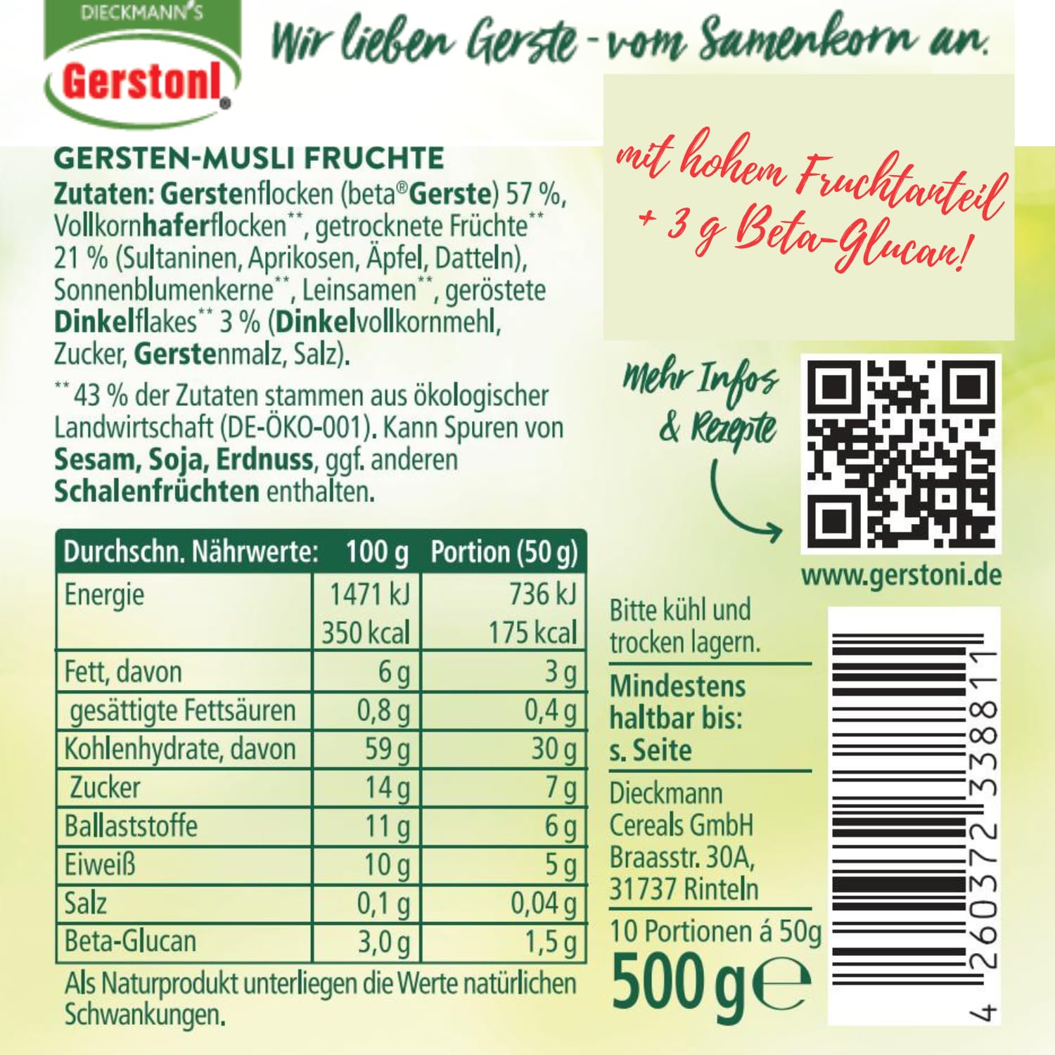 Gerstoni Gersten-Müsli Früchte 12x500g - Ballaststoffreiches Früchtemüsli ohne Zuckerzusatz - Premium-Gerstenflocken regional angebaut - mit pflanzl. Beta-Glucan für Genuss & Wohlbefinden