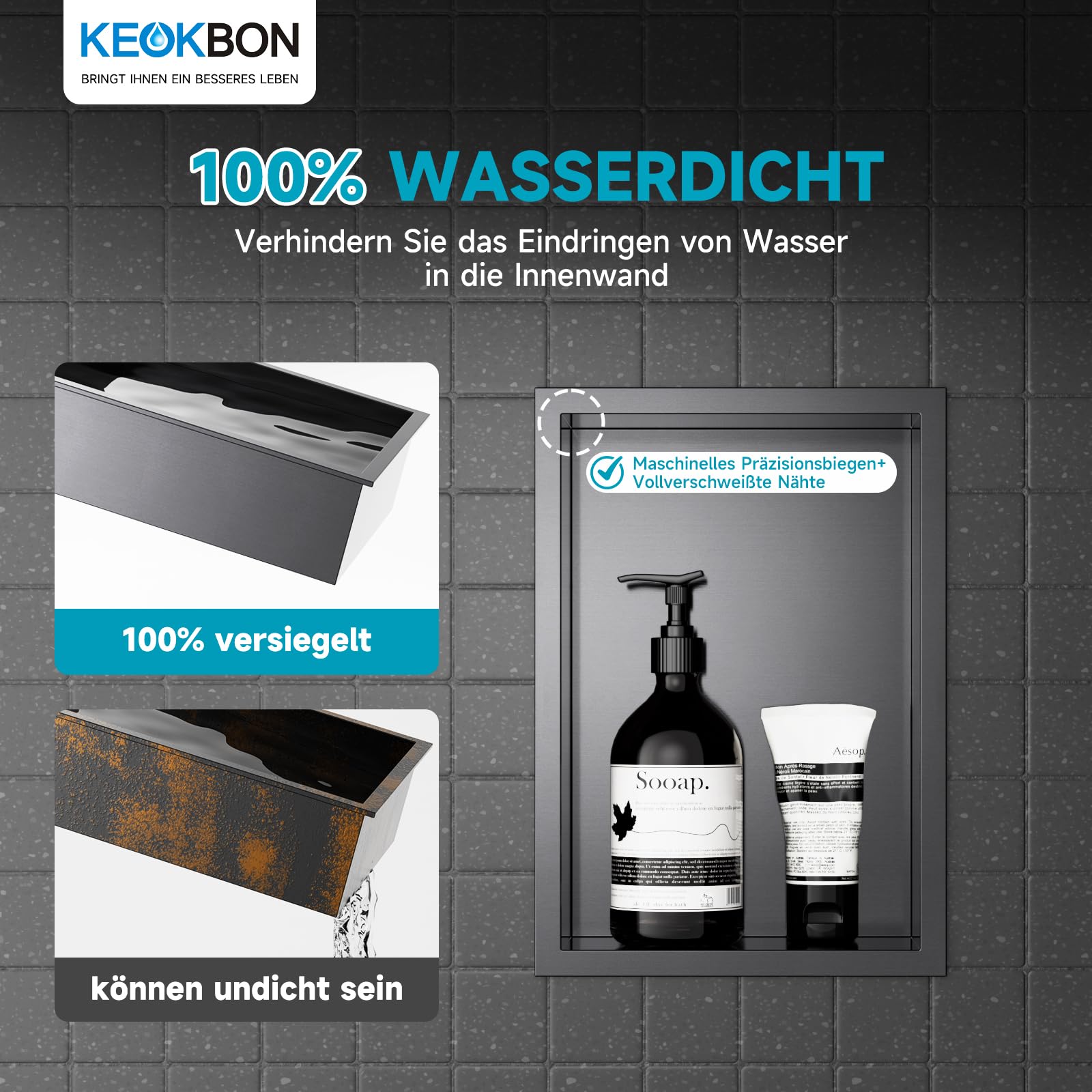 Wandnische Dusche Edelstahl 20x30x10 cm Nano Graphite | Keine Fliesen Erforderlich · Duschnische · Wasserdicht · Rostfrei · Nahtlos geschweißter Edelstahl · Leichte Reinigung