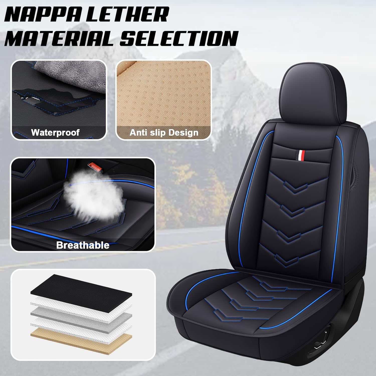 Seat Covers for Ford Mustang 2006-2026, Waterproof Leather Auto Seat Cover (5 Seat Standard,Black-Blue)