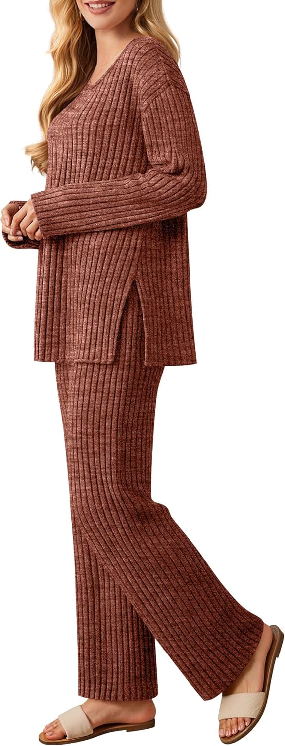 Women's 2 Pieces Ribbed Knit Lounge Sets, V Neck Long Sleeve Side Slit Tops Wide Leg Loose Pants Pajama Fall Sets