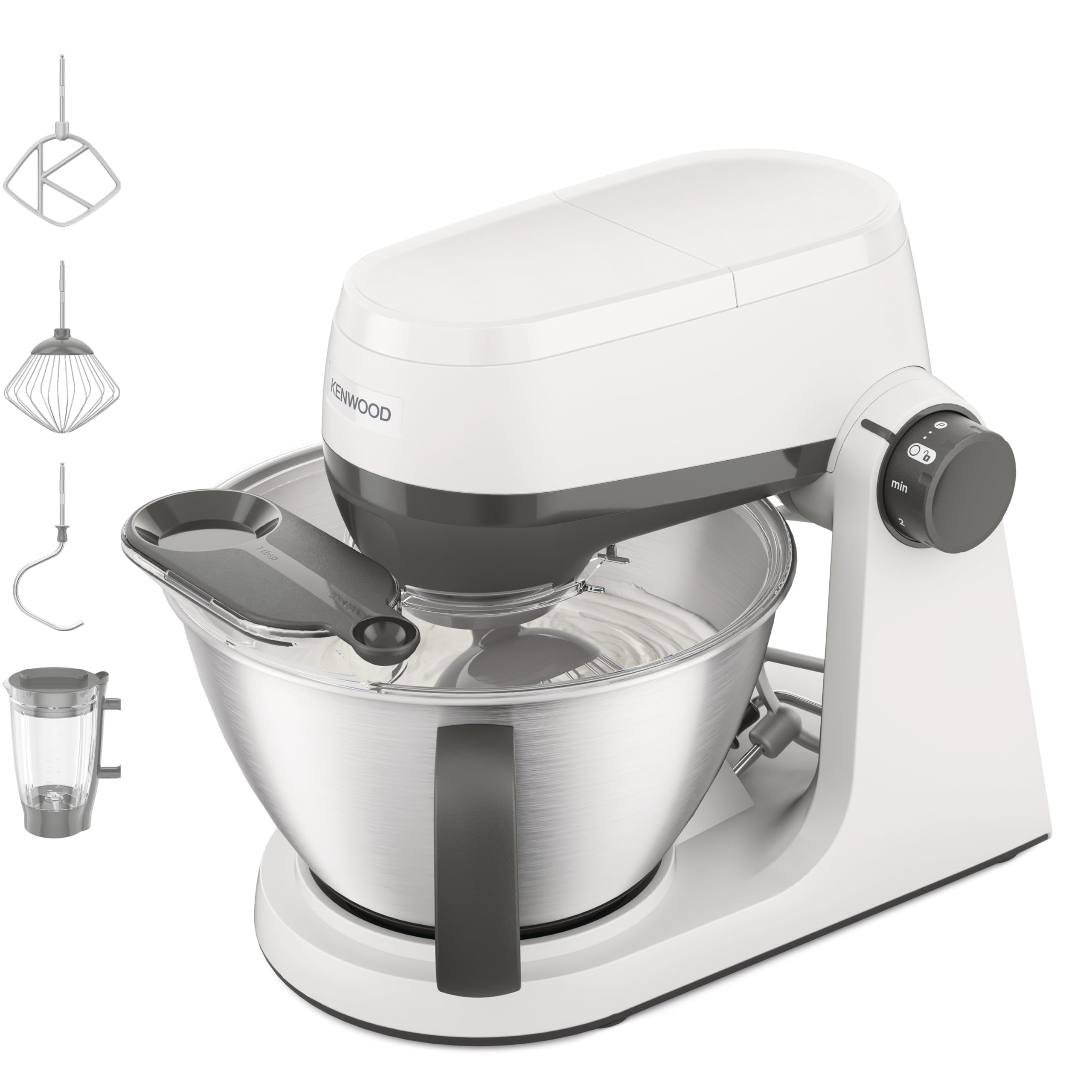 Kenwood Multi Tasker - Küchenmaschine mit Standmixer-Aufsatz, 1000W Motor, 44% leiser*, 4,3l Schüssel (1,7kg Teig), 7 Stufen, Rührarm-Lift, Zubehörfach, Spritzschutz, Weiß (KHC30.040WH)