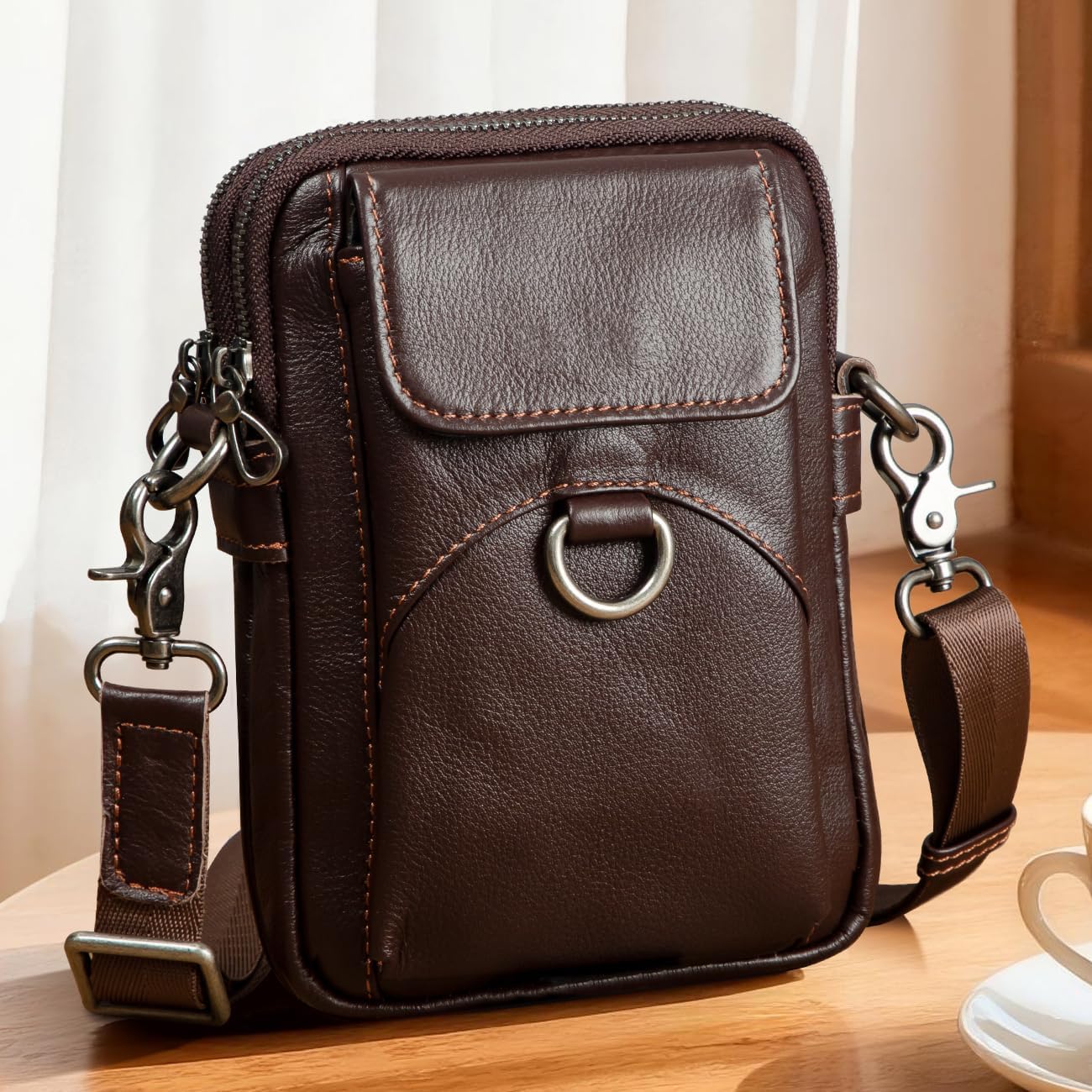 Augus Genuine Leather Small Crossbody Bag Cell Phone Messenger Purse Shoulder Waist Bag for Daily Use for Women and Men