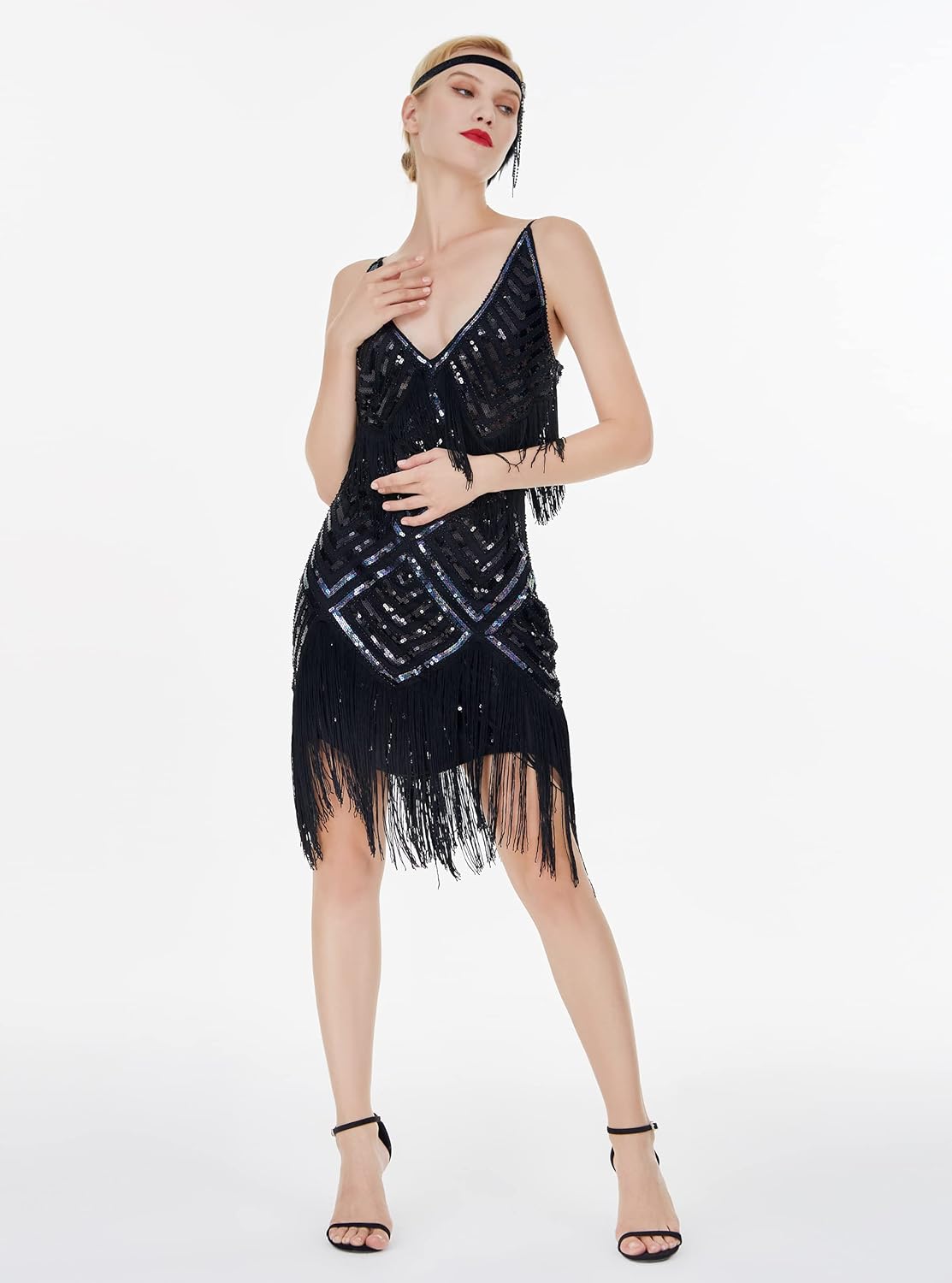 MISSCHEN Women's Deep V Neck Spaghetti Strap Slip Mini Short 1920s Flapper Gatsby Dress - Image 3