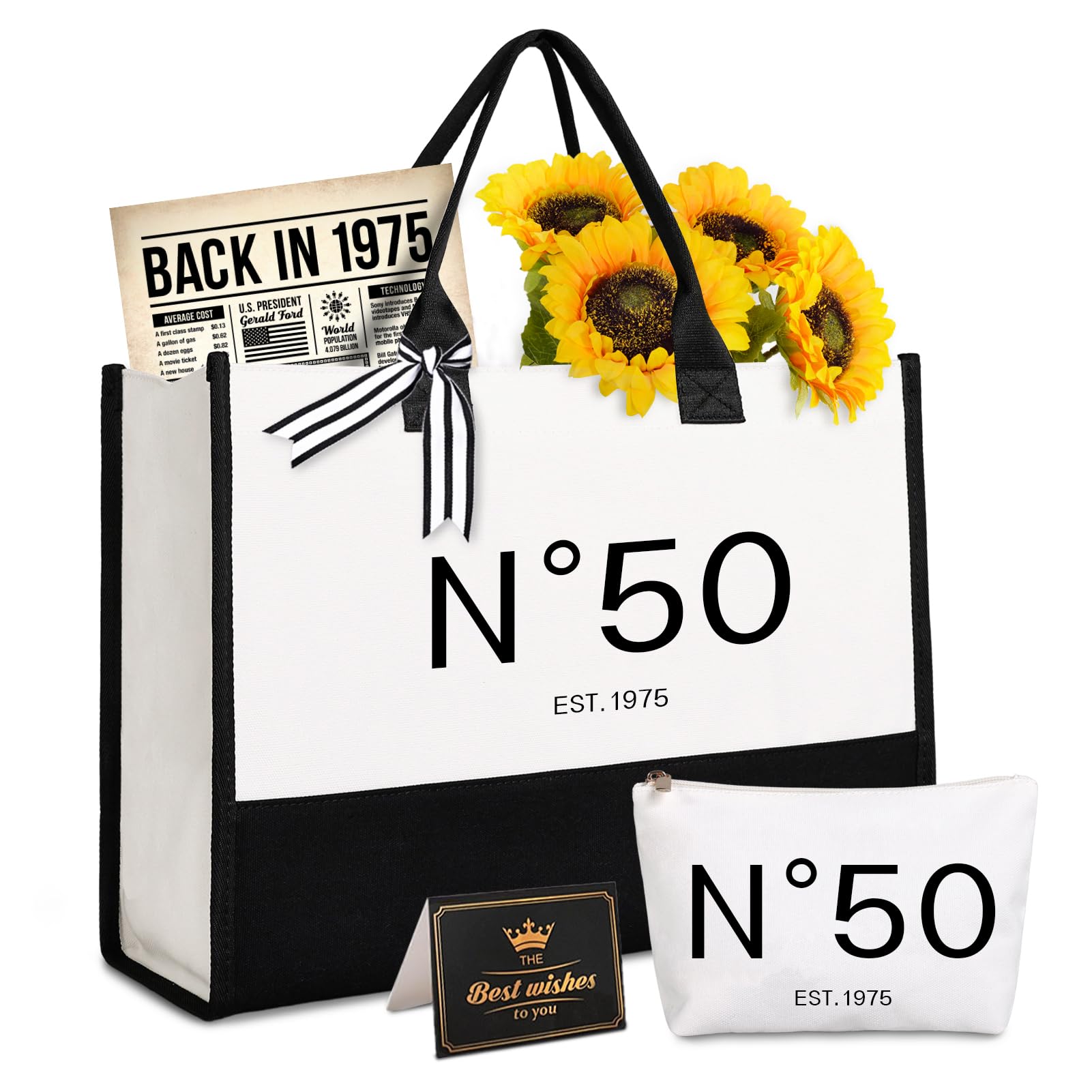 Lamyba 50th Birthday Gifts for Her, 50s Birthday Decorations for Women/Wife/Mom/Friends/Sister, no 50 Tote Bag & Cosmetic Bag & Back in 1975 Poster