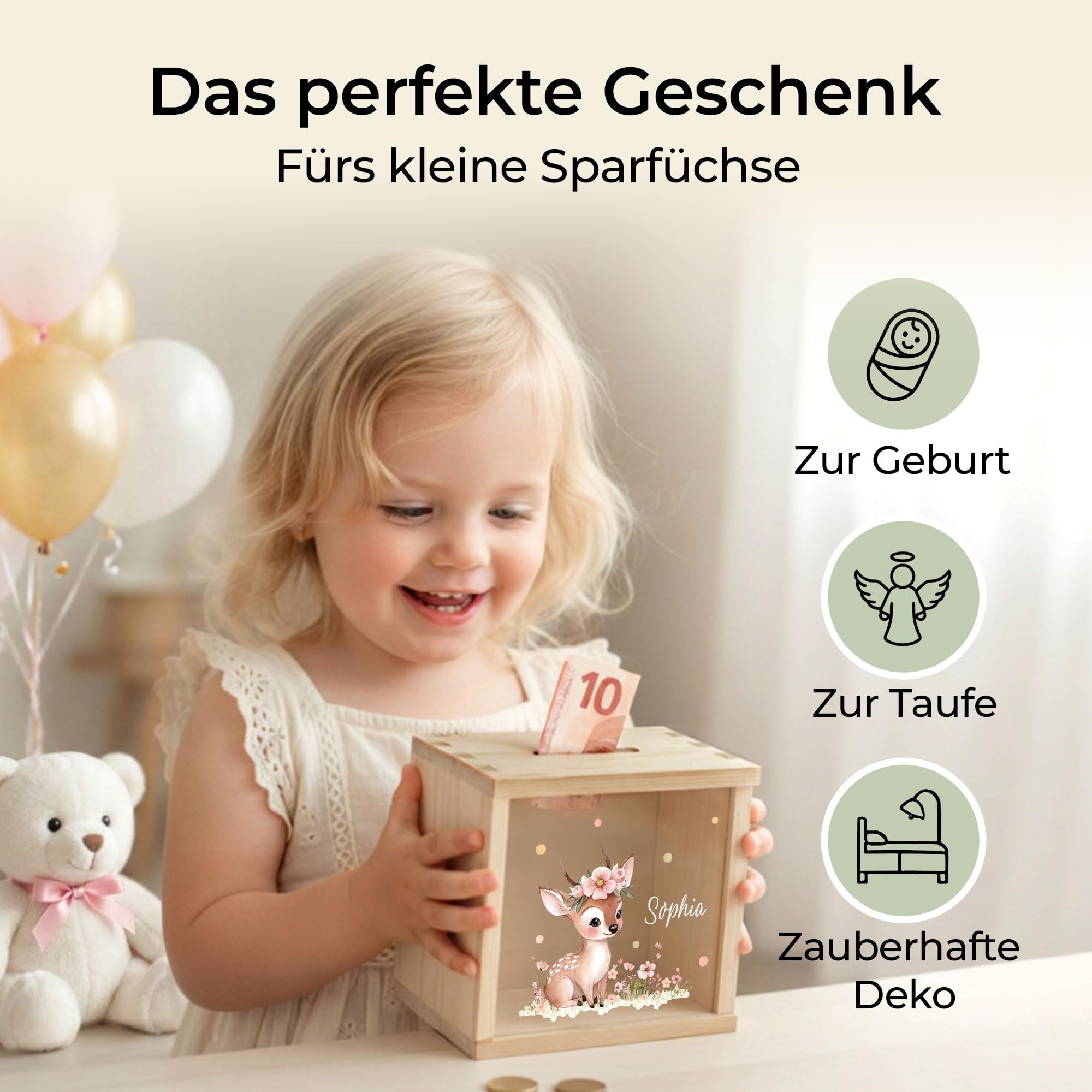 Little-Deco Spardose, Geldkassette, Sparbox, Geld sparen, 15x15cm | Sparschwein Kinder, personalisierte Geschenke Kinder, personalisierte Spardose, Holzspardose, Geschenk zur Geburt