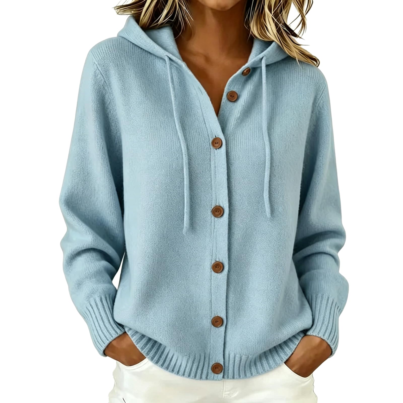Sweaters for Women Knit Hooded Sweaters Button Cardigan