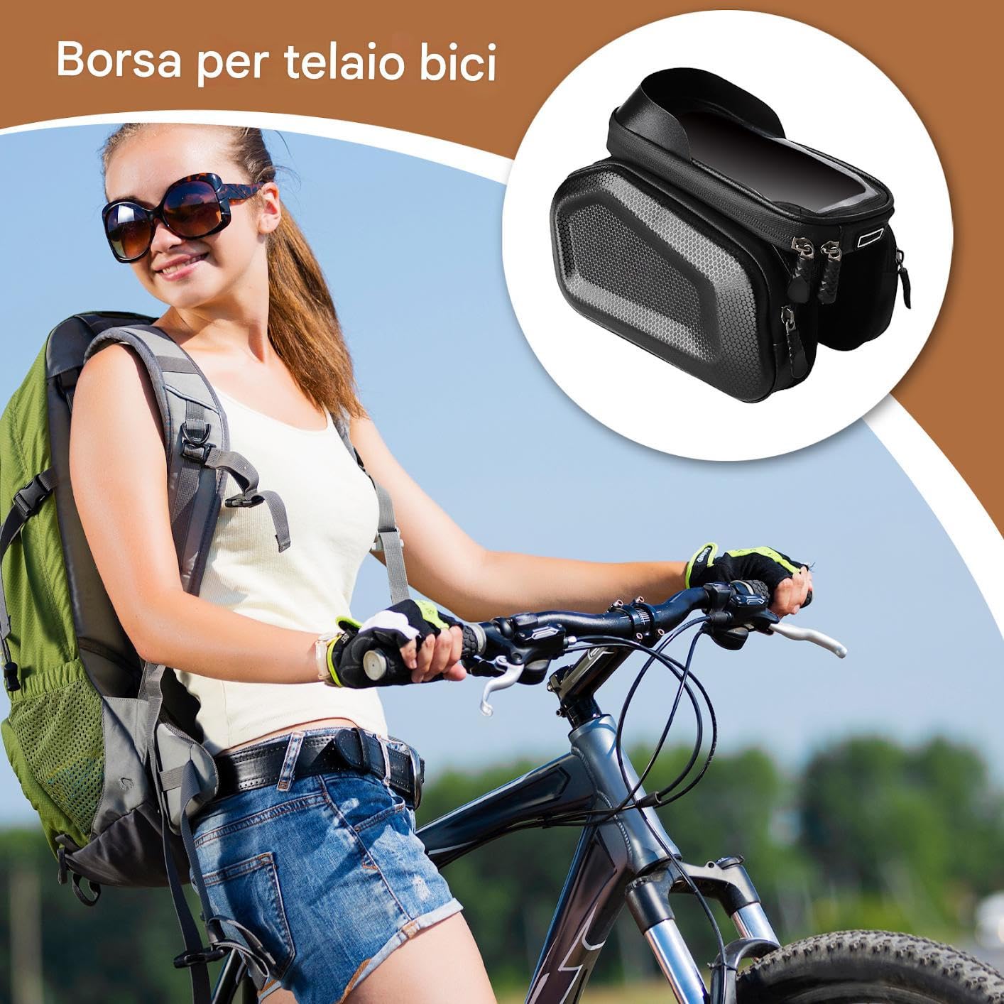 Borsa per biciclette a tubo superiore, supporto per telefono per biciclette - Borsa del telaio anteriore del tubo superiore - Schermo tocco-screen per ciclismo in bici impermeabile con copertura di pi