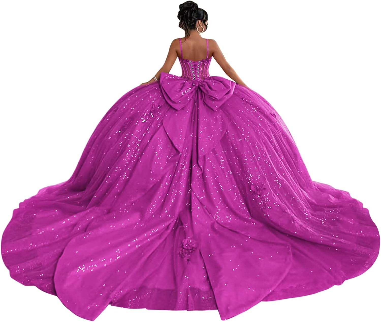 Youjiayi Princess 3D Flowers Quinceanera Dresses with Bow Spaghetti Straps Sequin Ball Gown Puffy Tulle Lace Sweet 16 Dresses