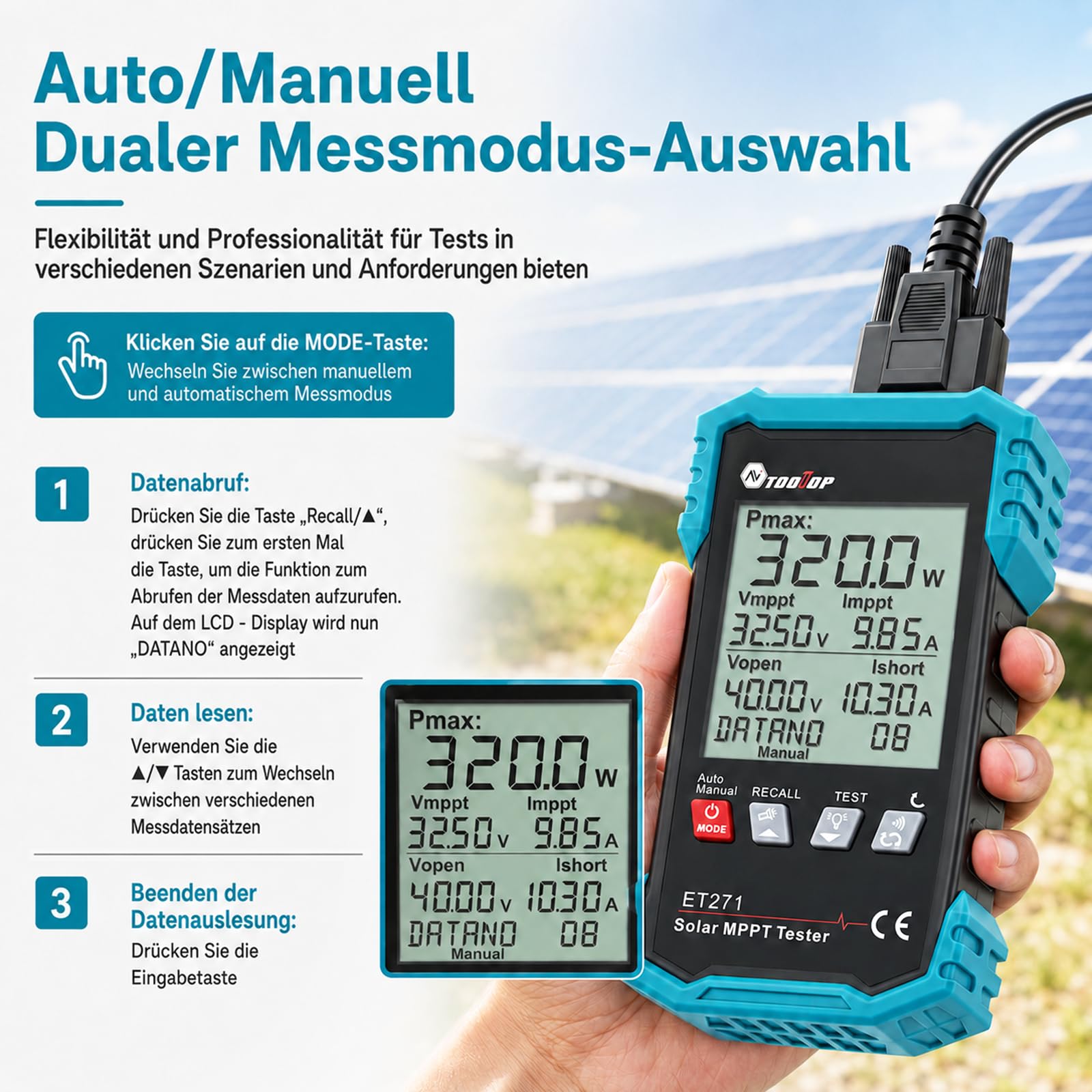 Tester Pannello Solare MPPT 2000W 2026 – Misurazione Auto/Manuale con Display LCD, Analizzatore Fotovoltaico Portatile 150V 40A, Voc Isc Vmp Pmax per Installazione e Manutenzione PV