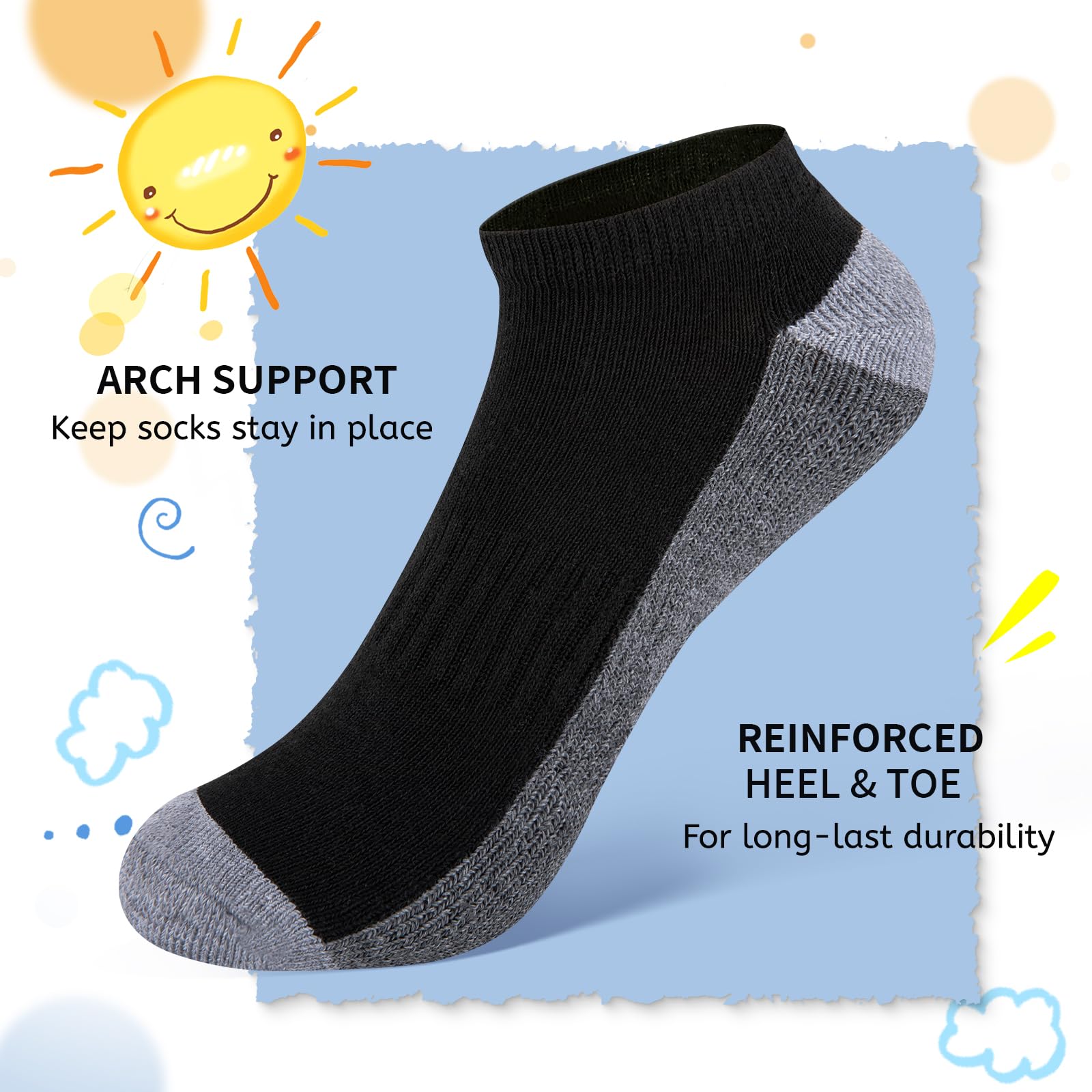 Comfoex Calcetines deportivos de corte bajo para niños, 8 pares para 6-8, 4-6, 8-10 años, calcetines cortos medio acolchados