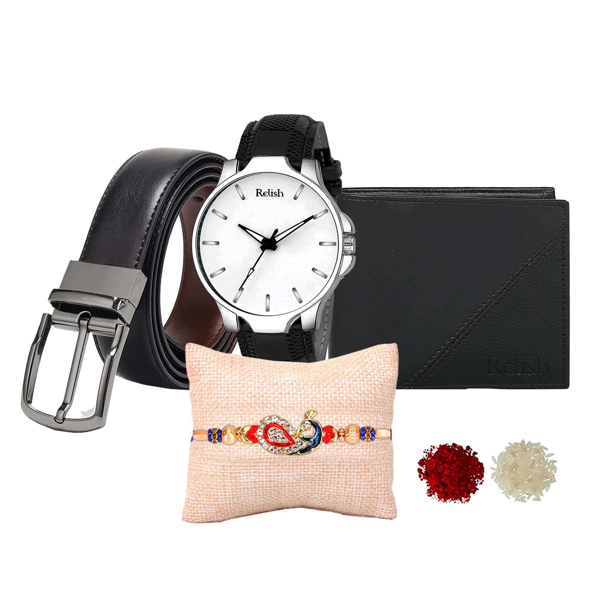 Relish Raksha Bandhan 4in1 Gift Pack for Mens Gifting | Belt, Watch, Wallet, Rakhi & Roli-Chawal Rakhi Combo Gift (B09Z5X76RV) Amazon Price History, Amazon Price Tracker