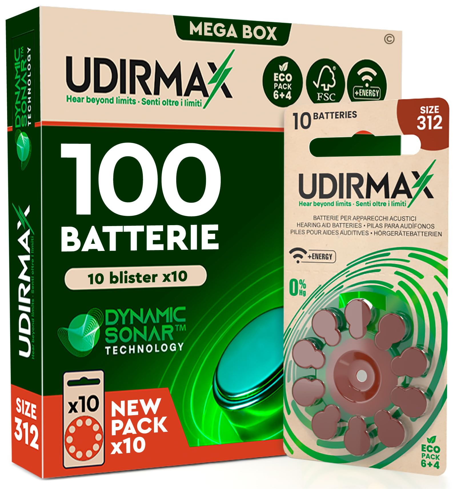 100 Batterie per Apparecchi Acustici Misura 312 Udirmax Pile PR41 Marroni Eco Pack Qualità Audio Costante Dynamic Sonar Zinco-Aria - 10 Blister Ecologici da 10 Pile