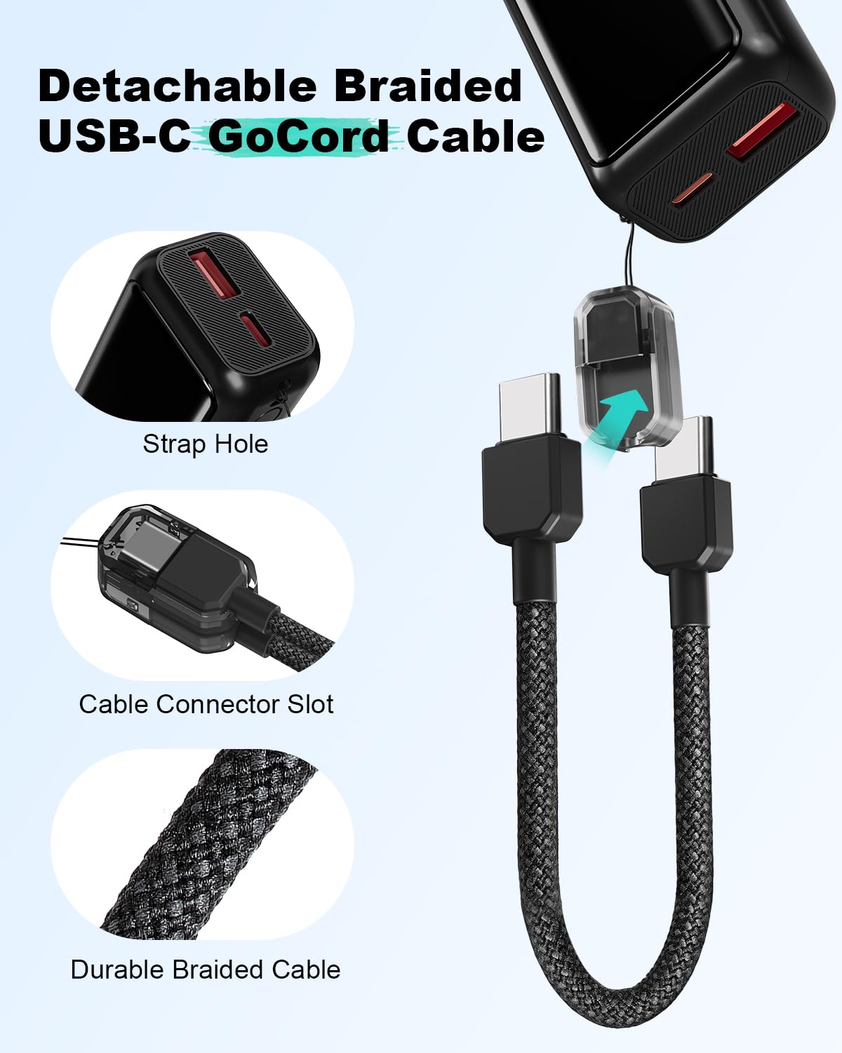 Mini cargador portátil, tamaño de bolsillo de 10000 mAh, 22,5 W, cargador de carga rápida, cable USB C desmontable integrado, paquete de batería ultra pequeño, cargador de viaje para iPhone 17/16/15