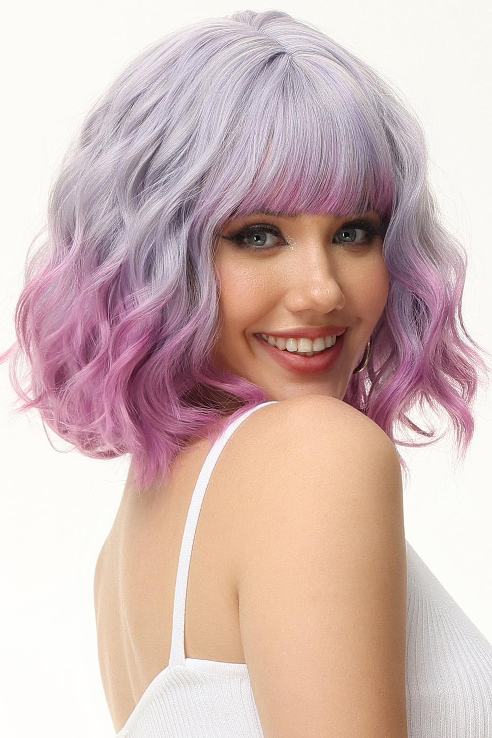 Luxiremi Perücken Lila Spezial Kurze Schulter Länge Lockig Gewellt Perücke Bob mit Pony Synthetische Cosplay Perücke für Damen