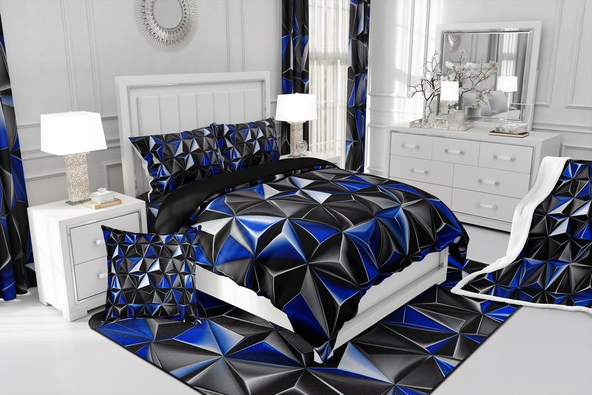 Feelyou Geometric 3D Bedding Set Soft for Boys Girls, Modern Art Comforter Set Full Size Blue Abstract Geometric Duvet Quilt Microfiber Bedroom Decor 3 Pcs with 2 Pillow Cases
