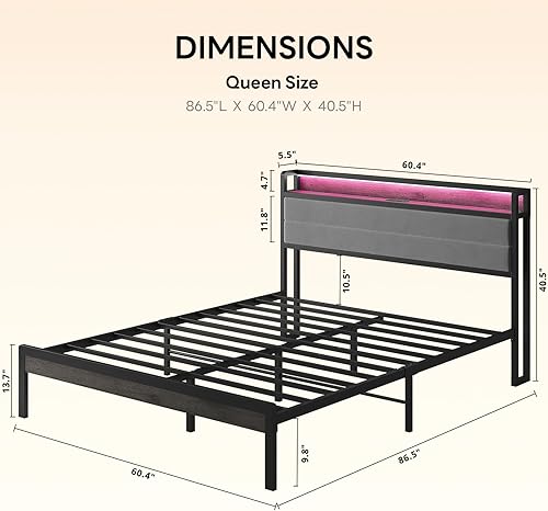 Miniatura 2 de LIKIMIO Base de cama Queen con cabecera de almacenamiento y luces LED, plataforma de metal con estación de carga, sin ruido, no necesita somier,