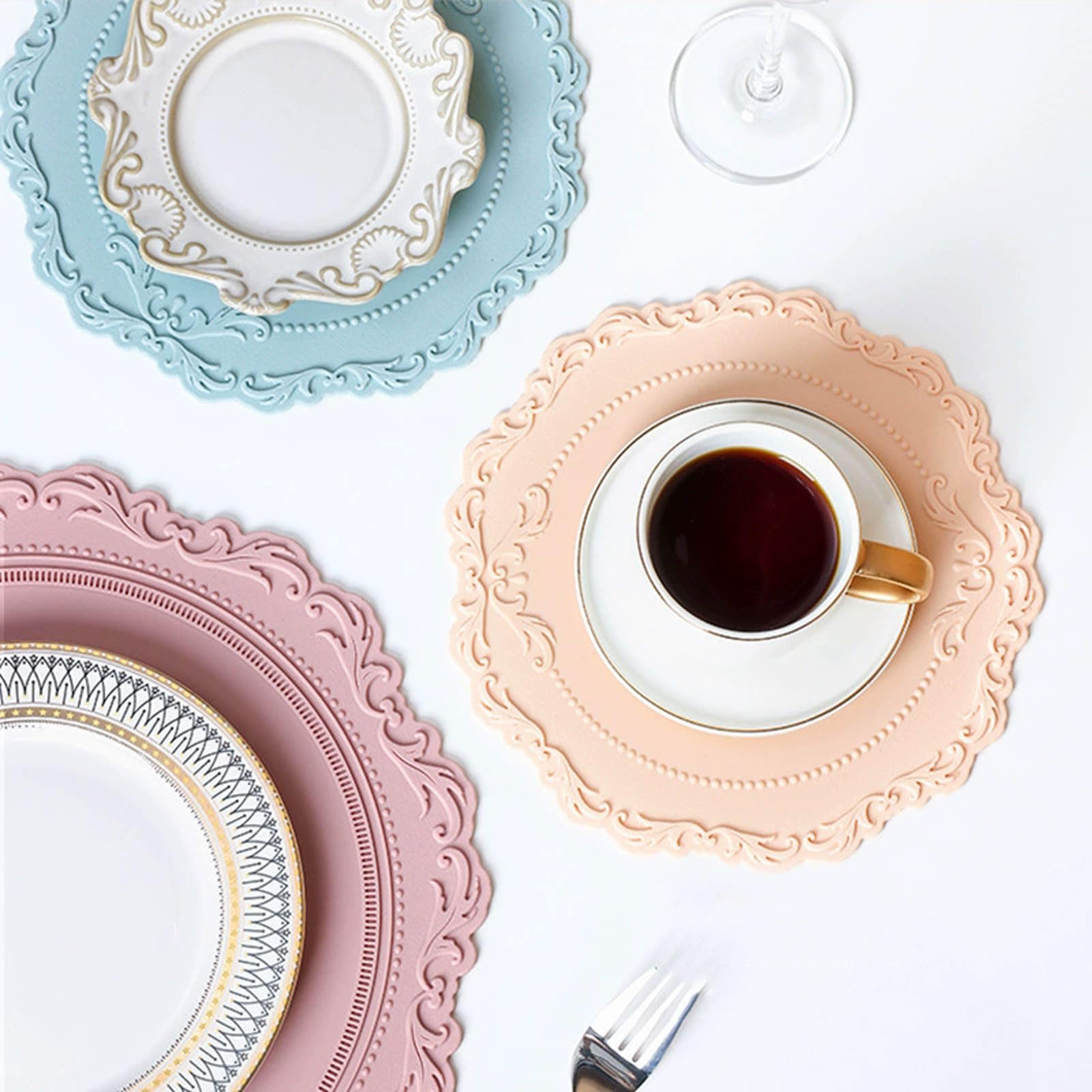 HUHJYUGE Mantel Individual de Silicona con Relieve, Salvamanteles Individuales Antimanchas Resistente Al Calor para Tazas, Cuencos, Platos y Comidas Calientes (F 35cm(13.8in))