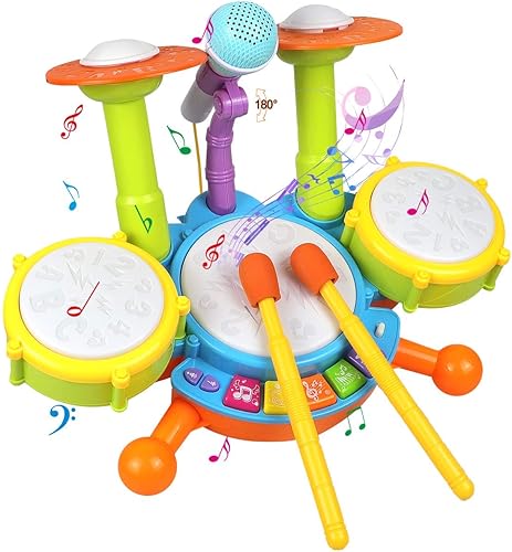 POKONBOY Juego de batería para niños pequeños con micrófono ajustable juego de instrumentos musicales para niños y niñas de 3 años