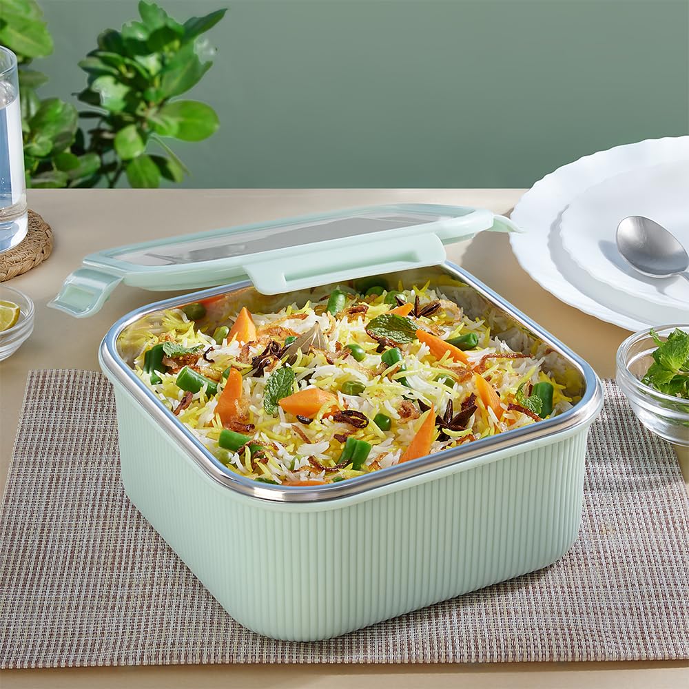 Larah by BOROSIL Freshbyte Food Storage Container with Airtight Stainless Steel Lid | Fridge Container for Lunchbox | Food Grade | Microwave Safe (Green, 1600 ml, Square)