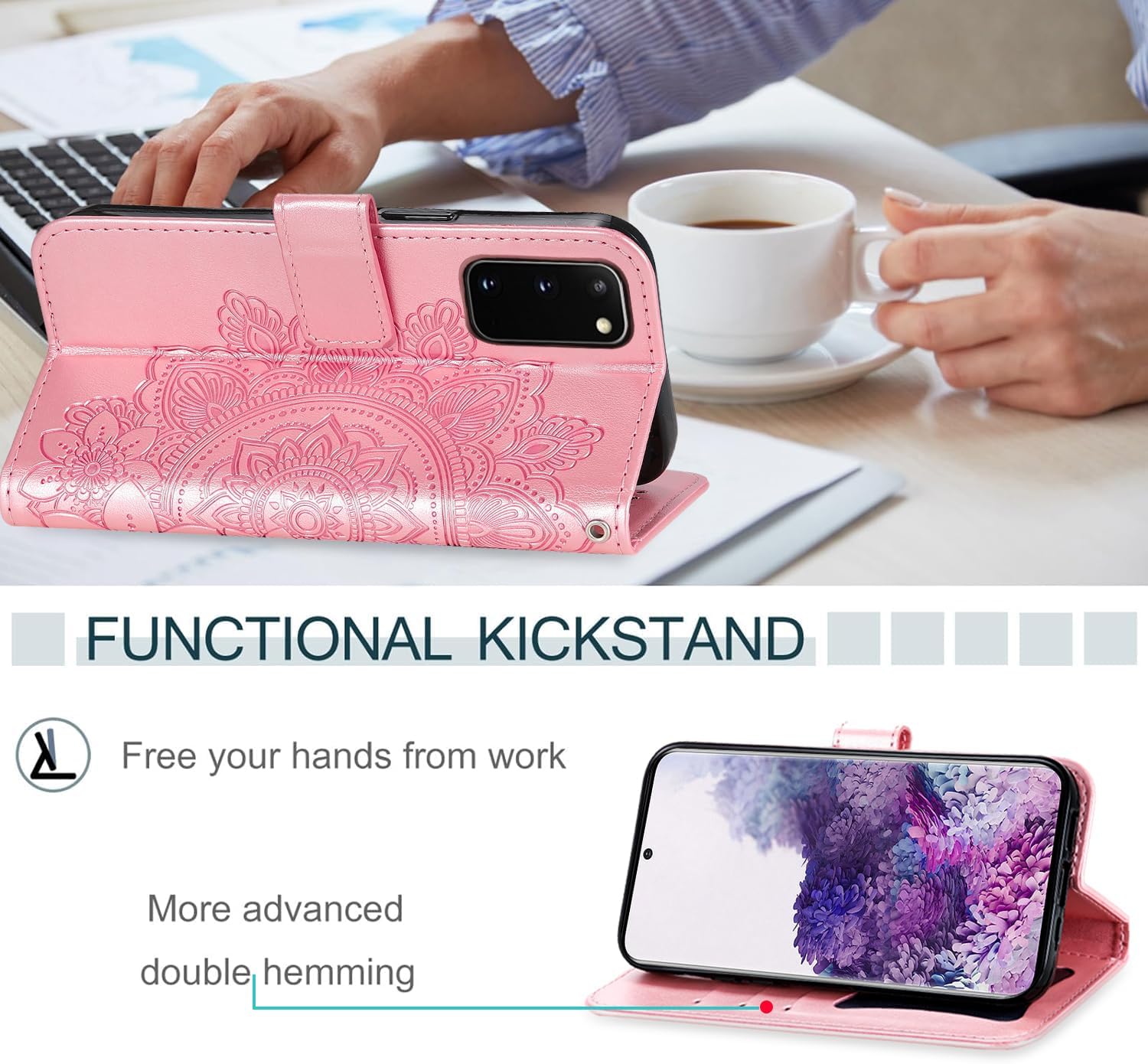 Compatible with Samsung Galaxy S20 5G 6.2 inch Wallet Case and Wrist Strap Protector Flower Leather Flip Credit Card Holder Stand Cell Accessories Phone Cover for S 20 20S UW S2O G5 Pink image 4