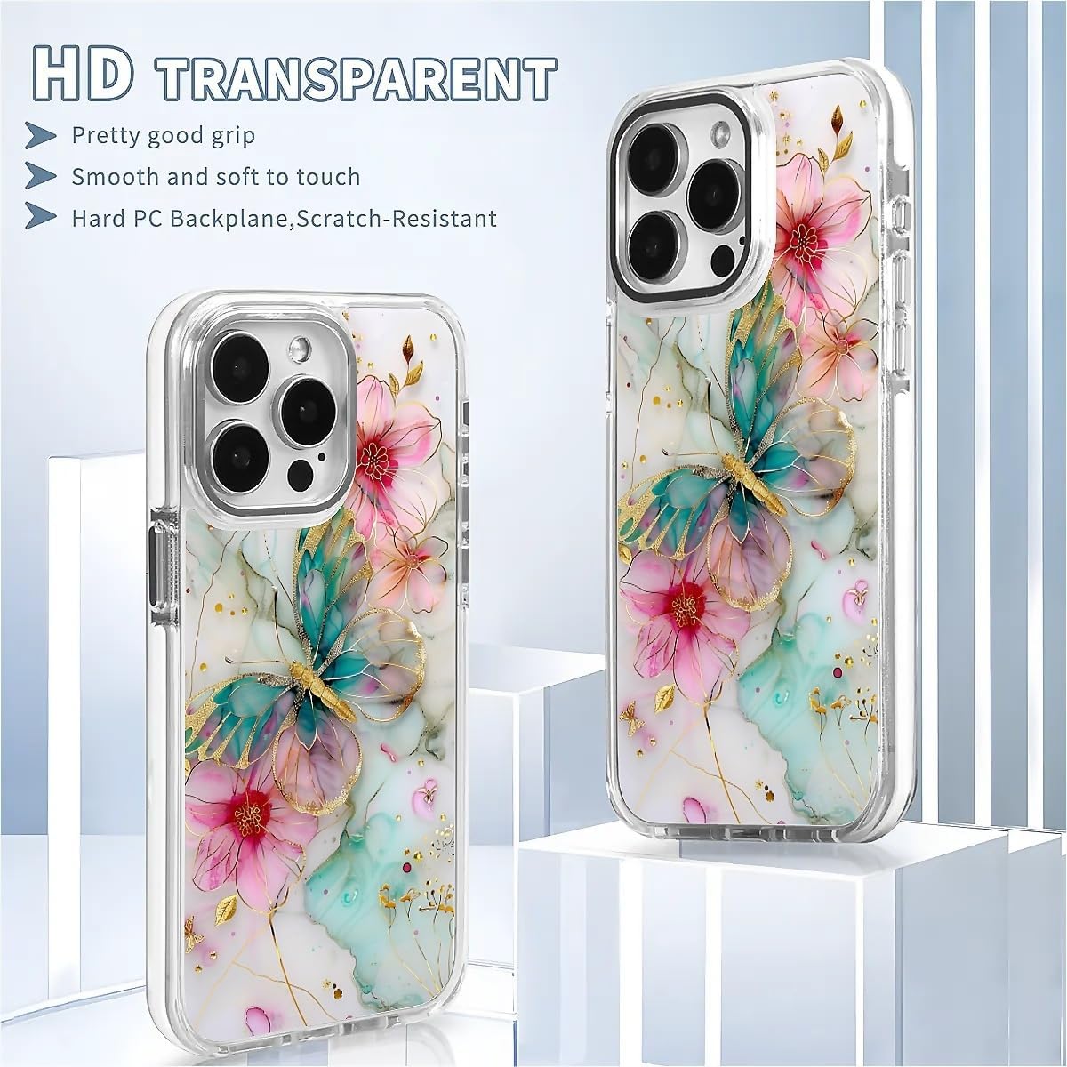 CARLOCA for iPhone 15 Pro Compatible with Magsafe White Clear Case, Shockproof Soft Silicone Protection Magnetic Charge Fashion Pattern Beautiful Colorful Gold Butterfly Flowers image 5