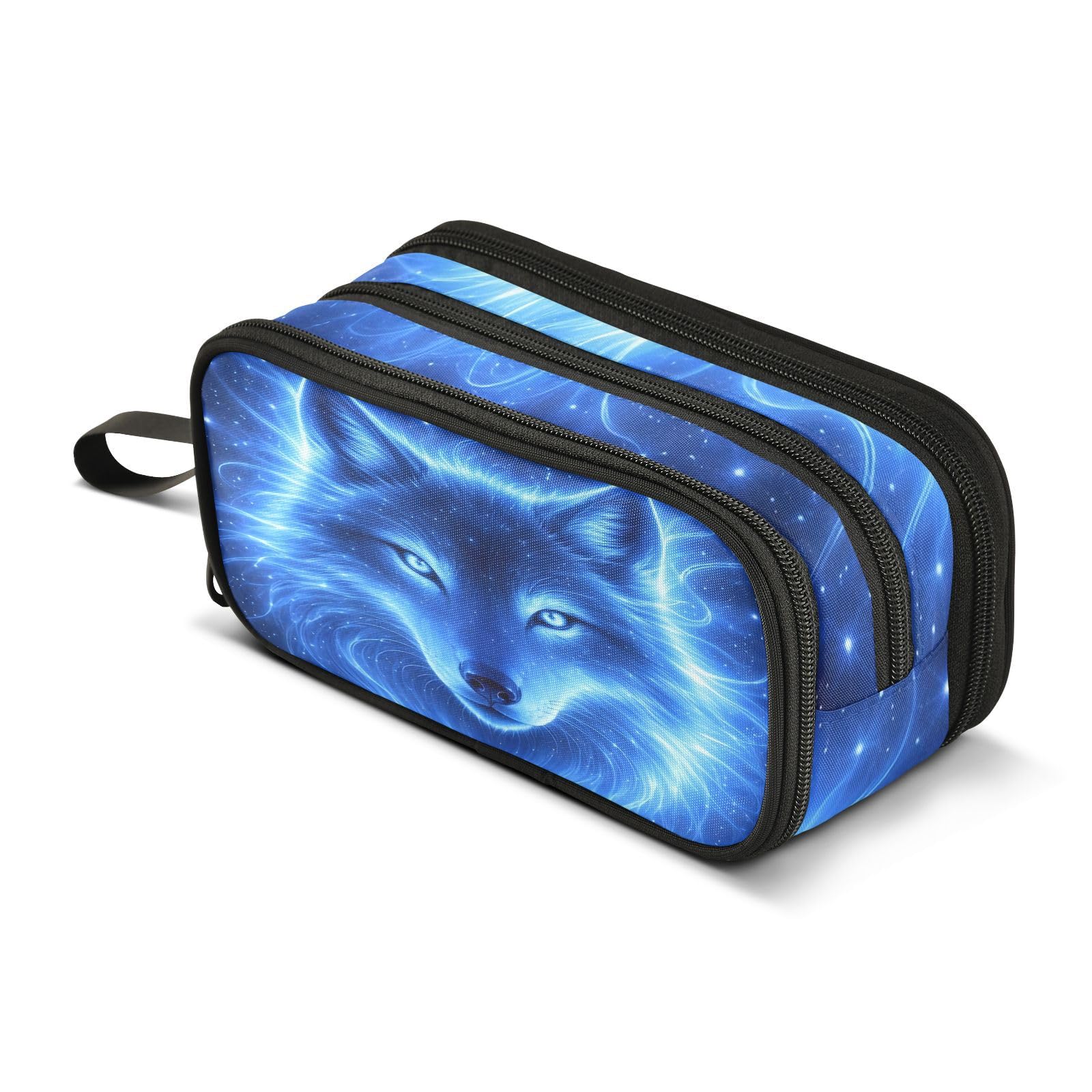 Blue Galaxy Wolf Large Capacity Pencil Case Box Boys Girls Big Stationery Pen Bag Organizer Pencil Pouch Zipper Compartments for School Office
