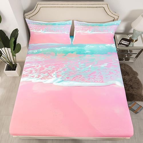 Manfei Pink Beach - Juego de sábanas bajeras de tamaño individual, funda de cama espumosa transparente de olas marinas turquesa y azul océano, juego