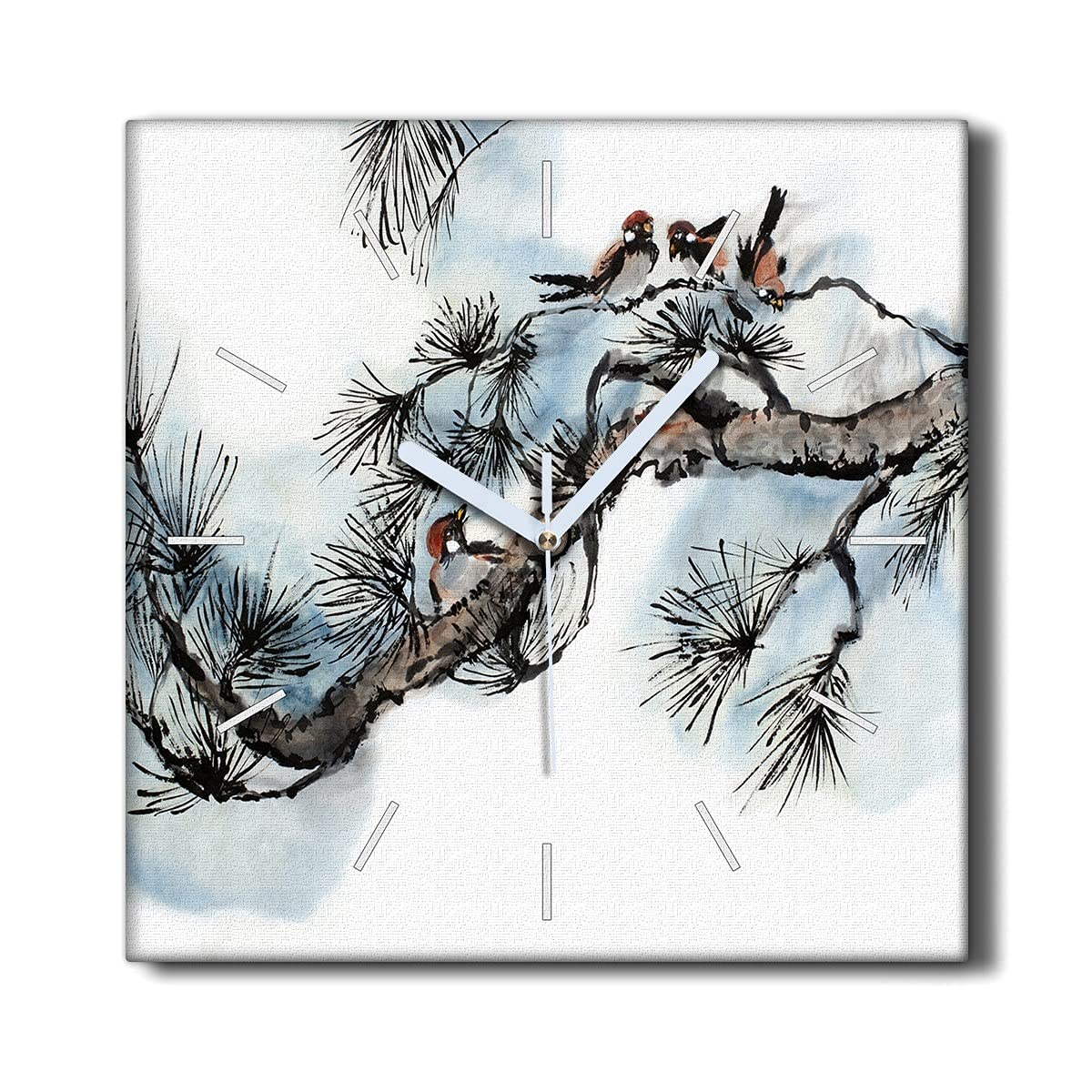 Horloge Murale Décoration Toile Salon Motif Oiseaux Moineaux