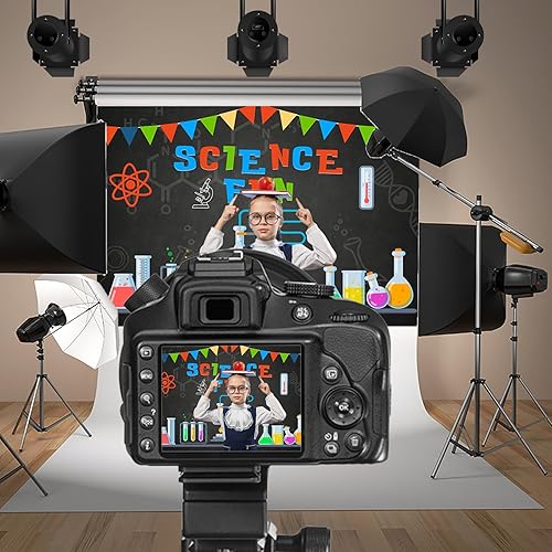 Miniatura 2 de Baocicco Vaso de fondo divertido de ciencia de 7 x 5 pies, tazas medidoras, pizarra, banderines coloridos, aparato químico, fotografía, fondo,