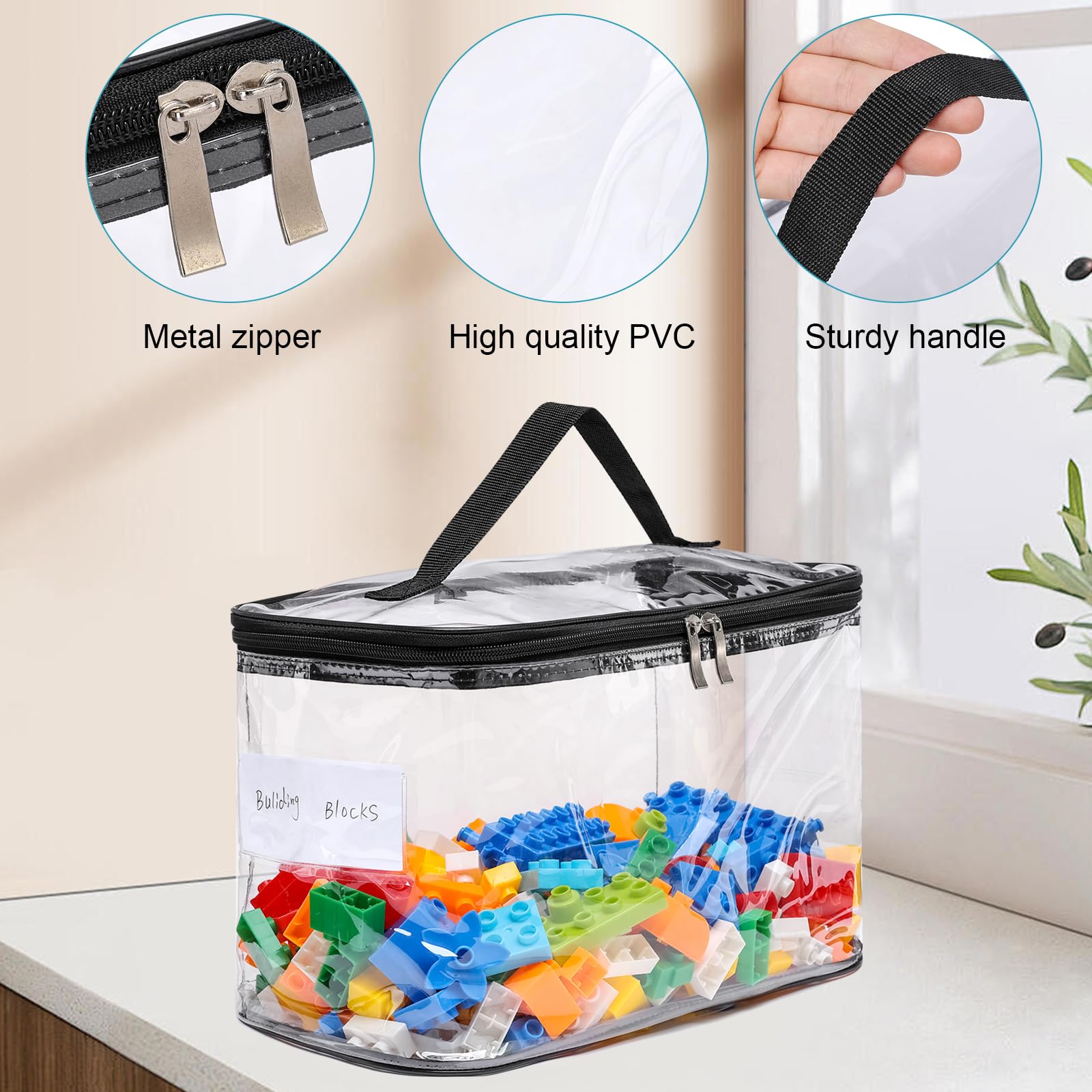 Paquete de 8 bolsas de almacenamiento transparentes grandes para juguetes con etiqueta de nombre, estuche organizador de juguetes de PVC resistente al agua para juegos de mesa, bloques de construcción