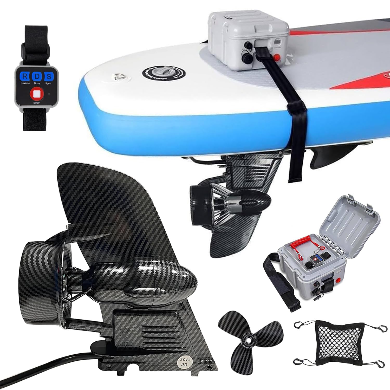 Pinne elettriche per SUP, motore elettrico per kayak gonfiabile, con contenitore, elic*a di ricambio, telecomando da polso, batteria da 288 Wh, 3-6 km/h, autonomia massima di 20 km, plug-and-play.