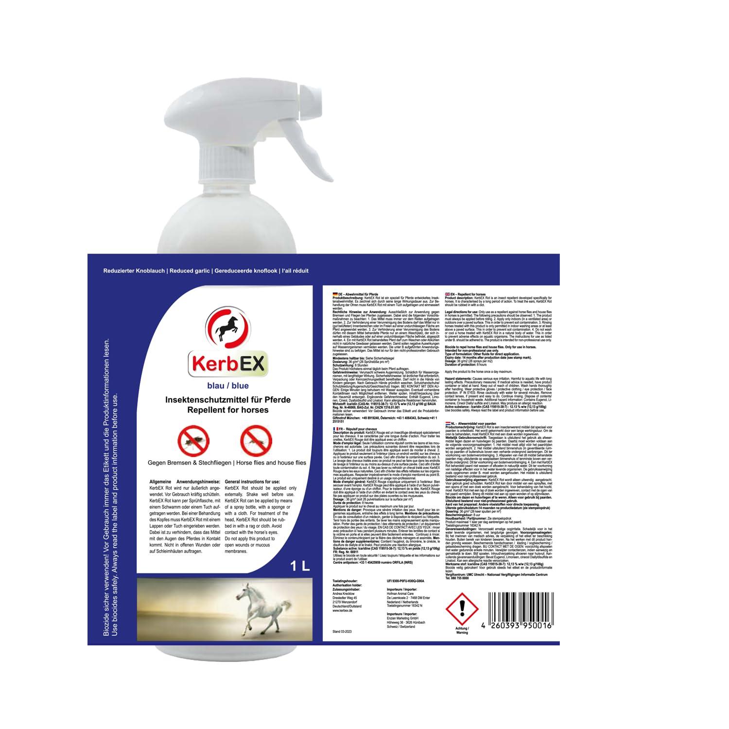 KerbEx Kombiset Blau Insektenabwehrmittel für Pferde bei starkem Insektenbefall - inkl. 1L Sprühflasche, 100 ml Spezialöl, Insektenschutz für Reiter – Made in Germany