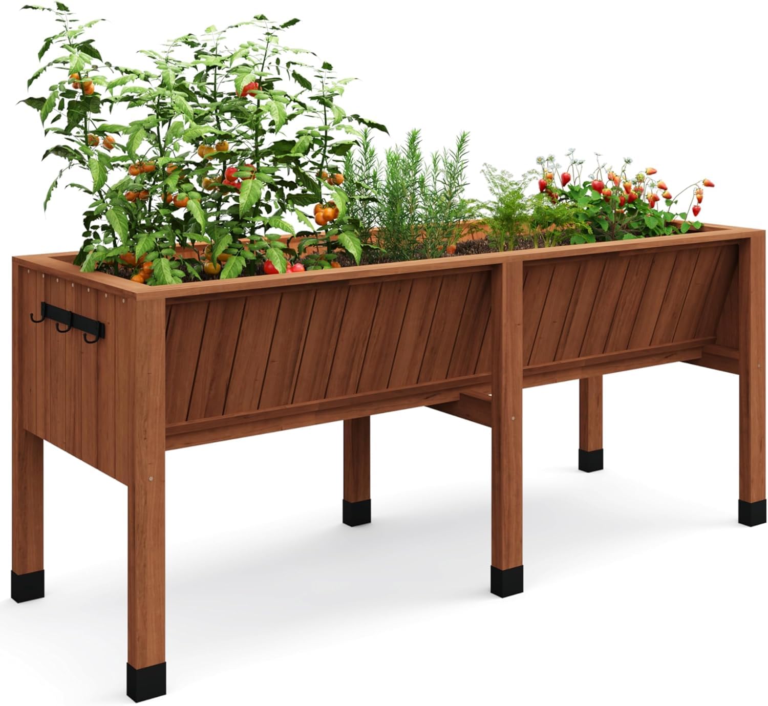 Koioplie Elevated Raised Garden Bed with Legs – 72x26x30in Outdoor Wooden Planter Box, 13.7in Deep, Hooks & Liner – Standing Flower & Vegetable Bed for Patio, Balcony, Backyard – Oak Color