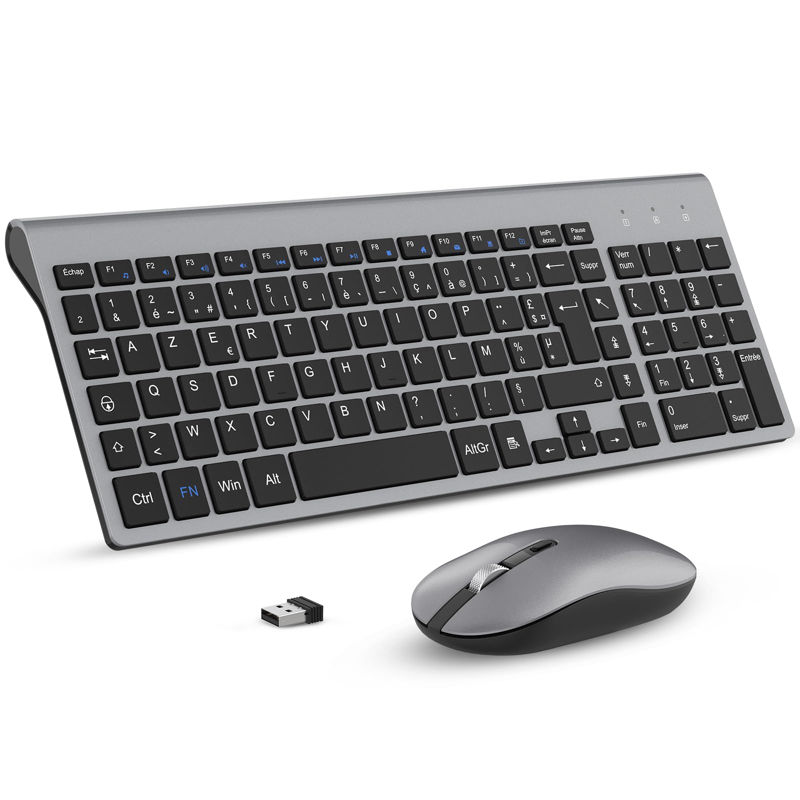 Ensemble Clavier et Souris sans Fil, cimetech Claiver AZERTY Français, Pack Clavier et Souris, Set Silencieux avec Récepteur Nano USB 2.4GHz, Compatible avec Windows/MacOS, Windows PC Laptop - Gris