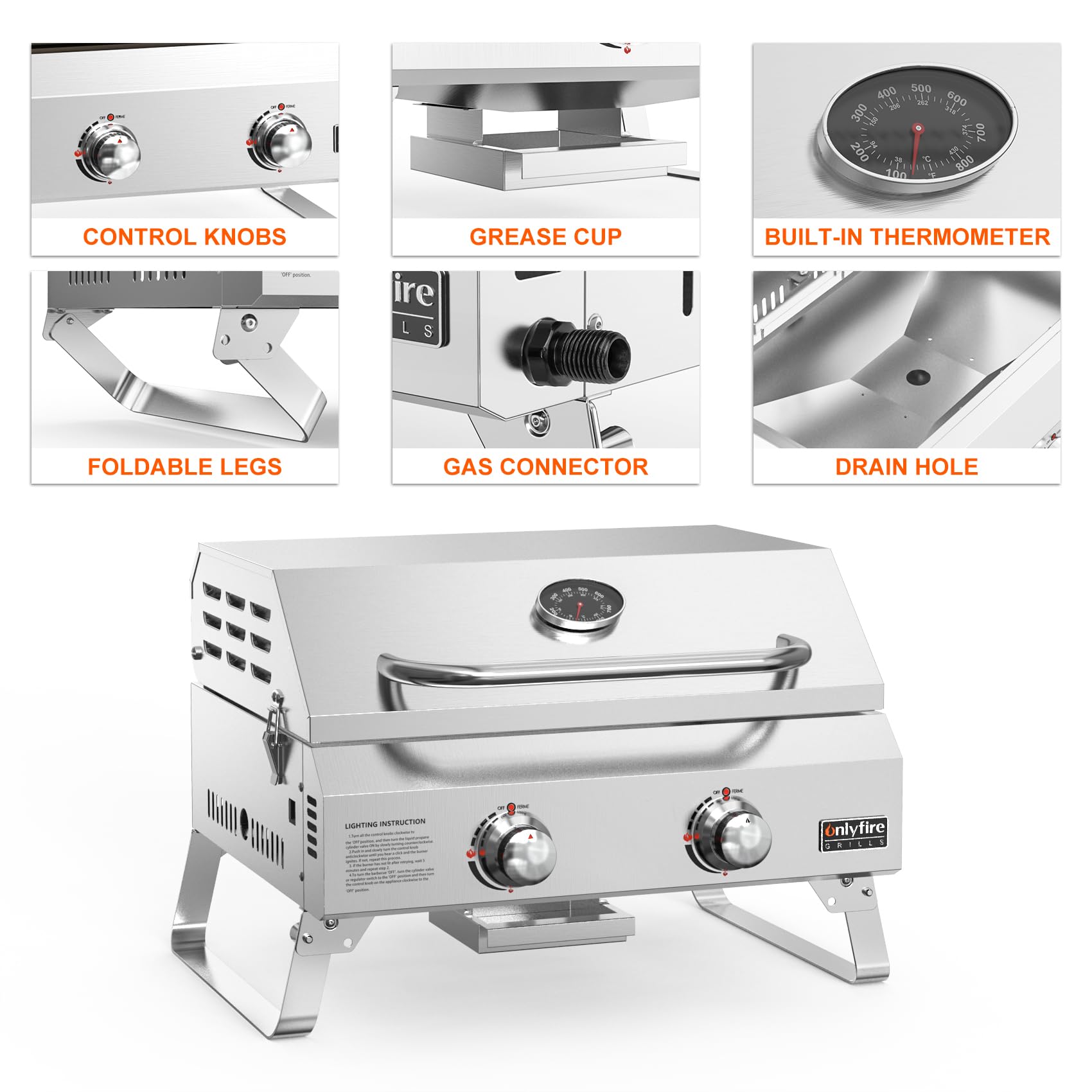 onlyfire Tischgasgrill 2 Edelstahlbrennern, Tischgrill mit Deckel, Grillrost, Thermometer, Kleiner Gasgrill für Balkon Camping Garten, 4.7 kW, Grillfläche 46x35cm, BBQ Tragbarer Tisch Gasgrill