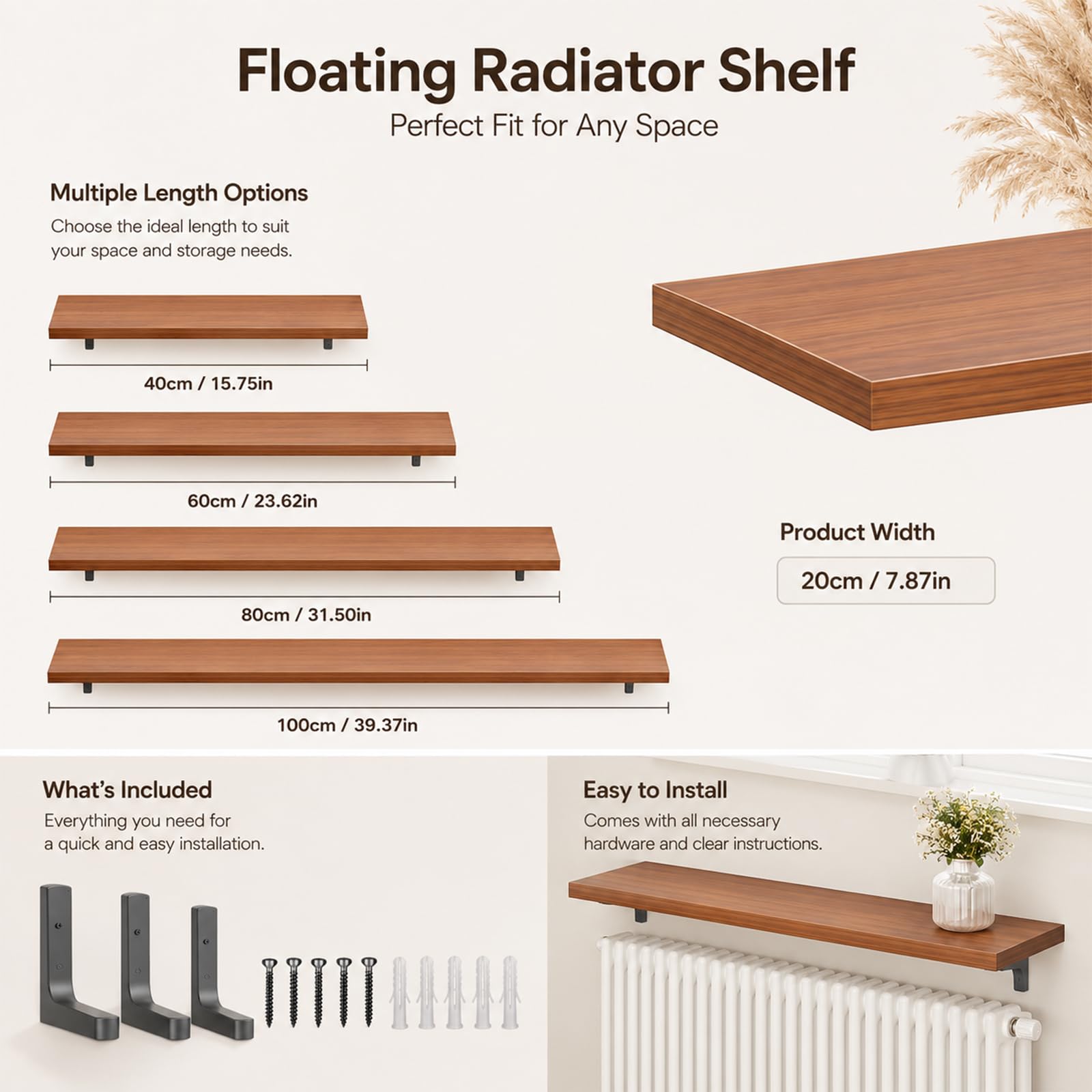 Heizkörperablage Holz Walnuss Schweberegal Heizkörperverkleidung Klein Heizung Regale Wandregal Breit Schwerlast 80kg Organizer mit Schwarzen Halterungen 60cm