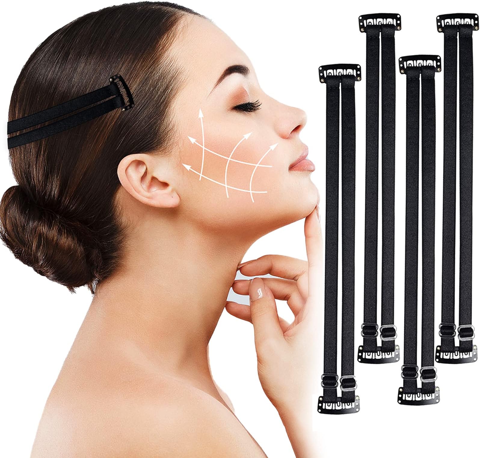 Face Lift Stretching Strap, 4pcs Facelift Bands With Clips, Eyebrows and Eyes Lift Clip Kit, Lifting Tape, Adjustable Invisible Hairpin Slimming Bands for Women