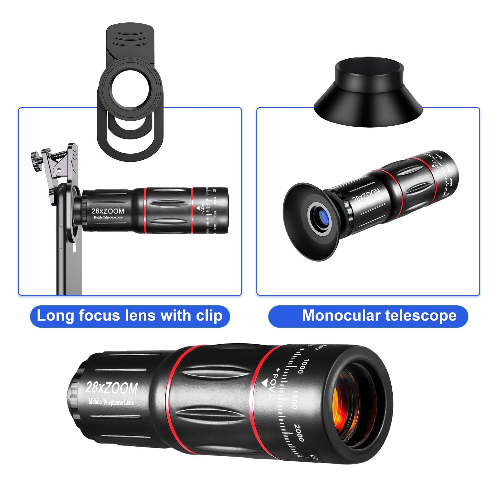 Phone Camera Lens Kit 28X Telephoto Lens for iPhone with E-Clip and Tripod, Suitable for Most Smartphones (Black)