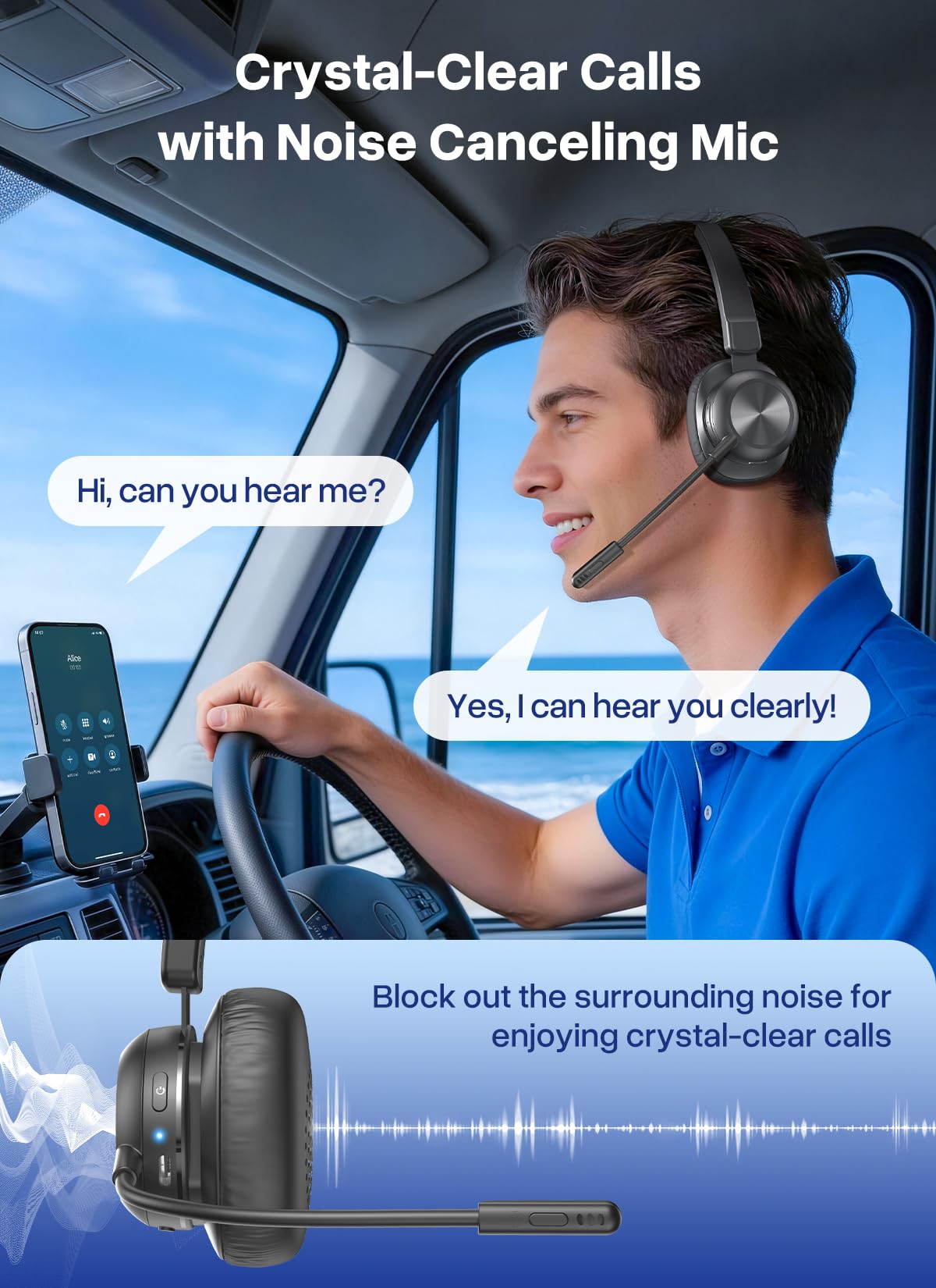 Bluetooth Headset with USB Dongle, Trucker Bluetooth Headset with AI Noise Cancelling Microphone & Mute Button, 50Hrs Single Ear Wireless Headphones for Truck Driver Phone Computer PC Office Work — view 2